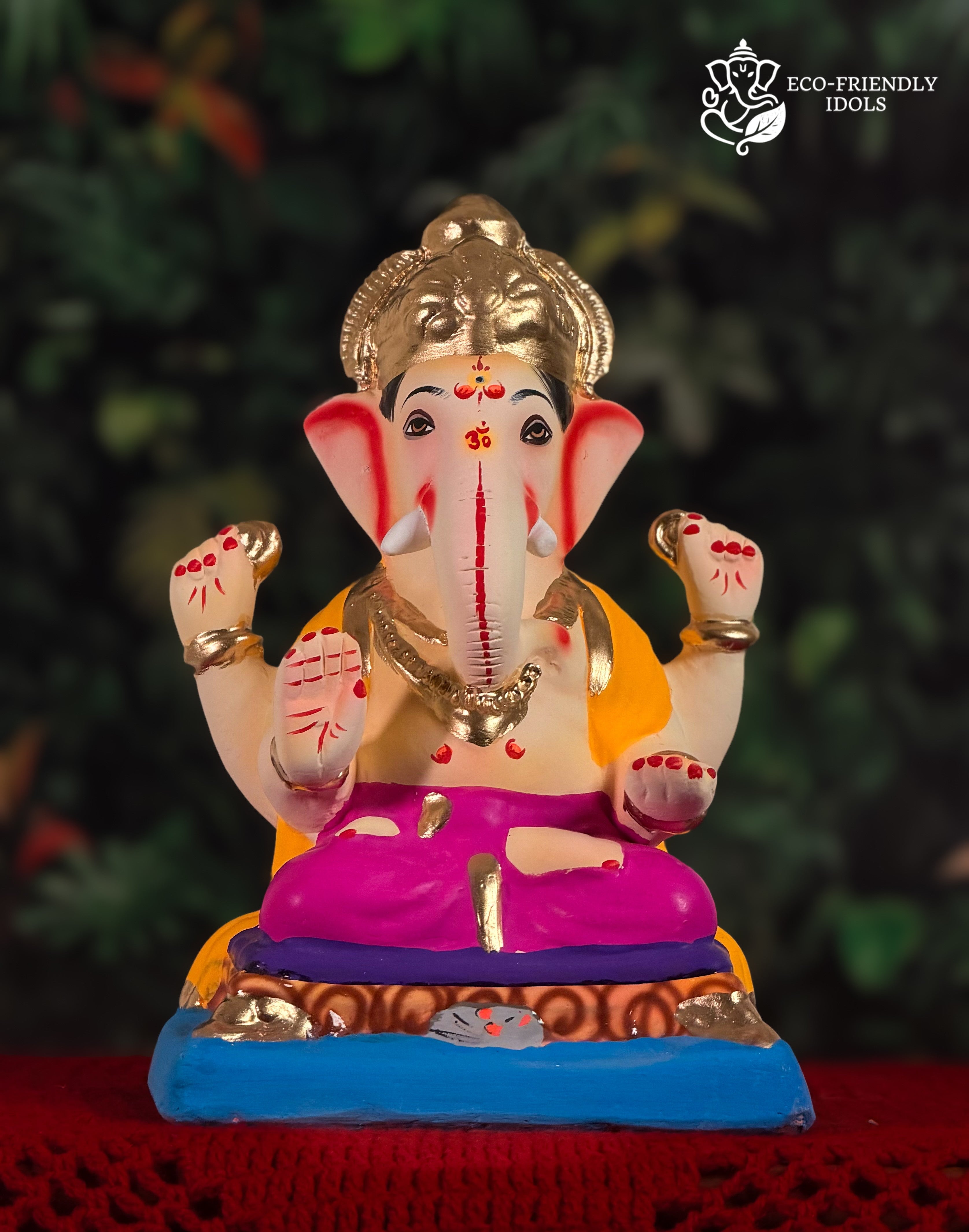 10 inch Padmasan Ganpati idol in purple and yellow