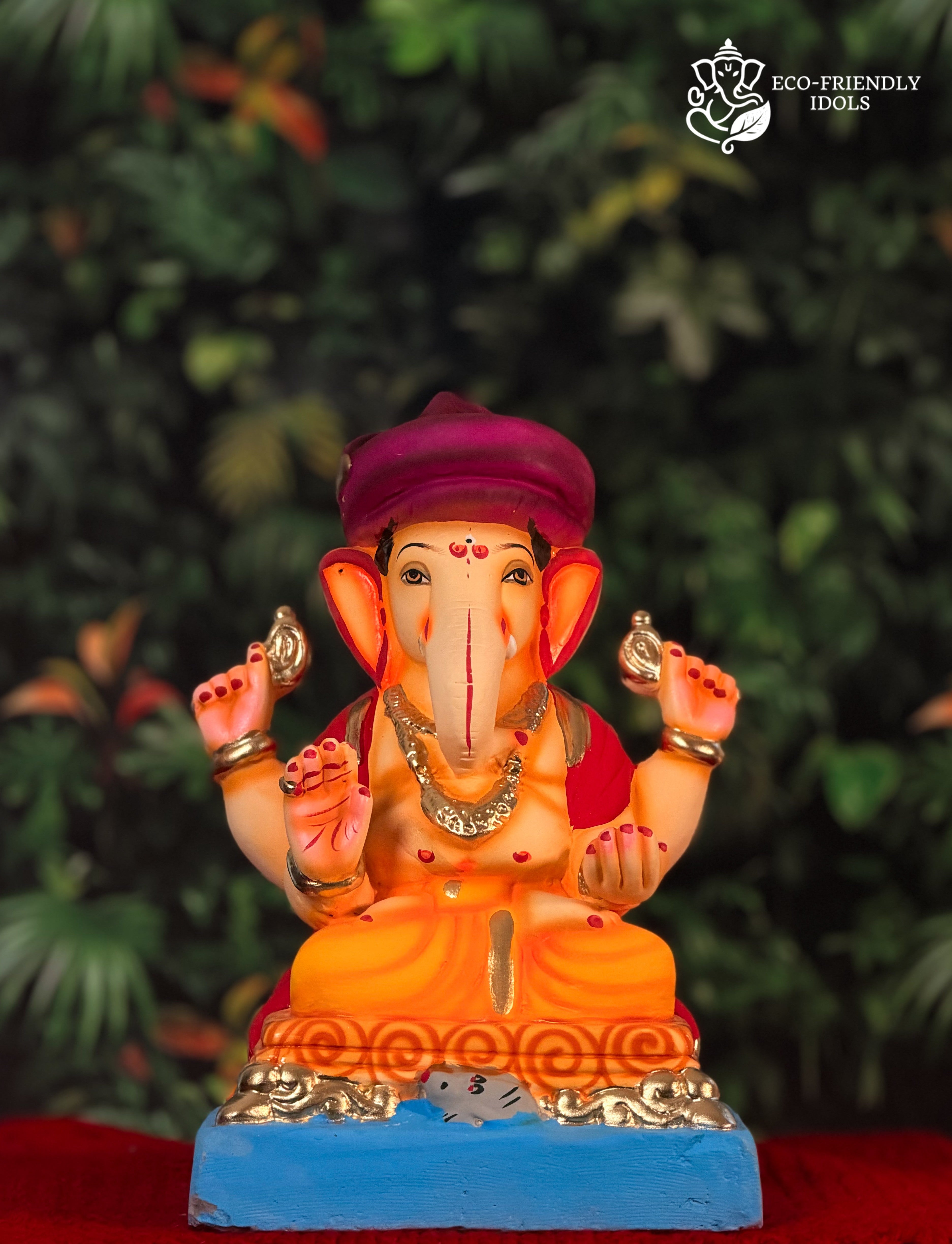 10 inch Padmasan Ganpati idol with pagdi in orange and red