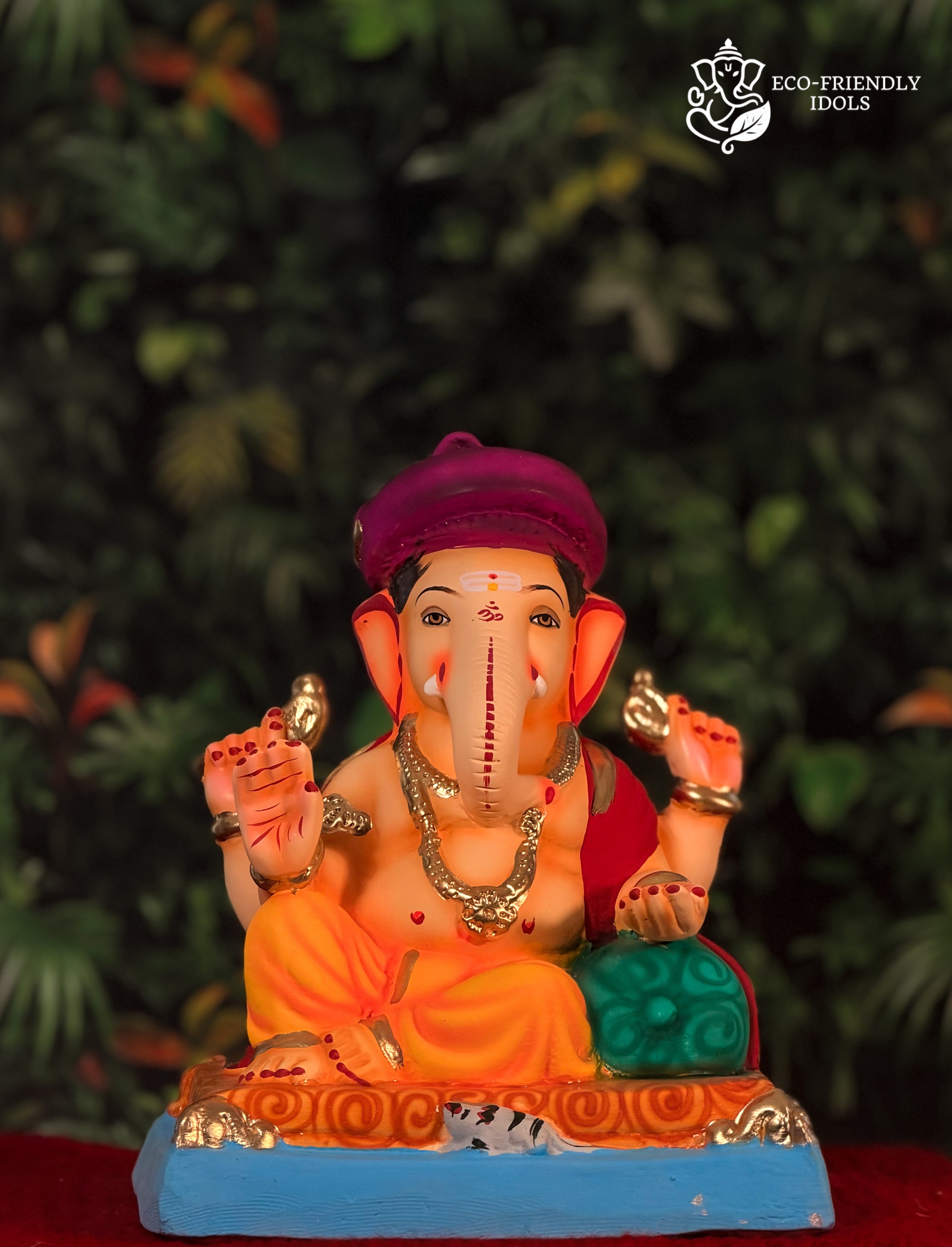 10 inch Peshwai Ganpati idol with pagdi in orange and red