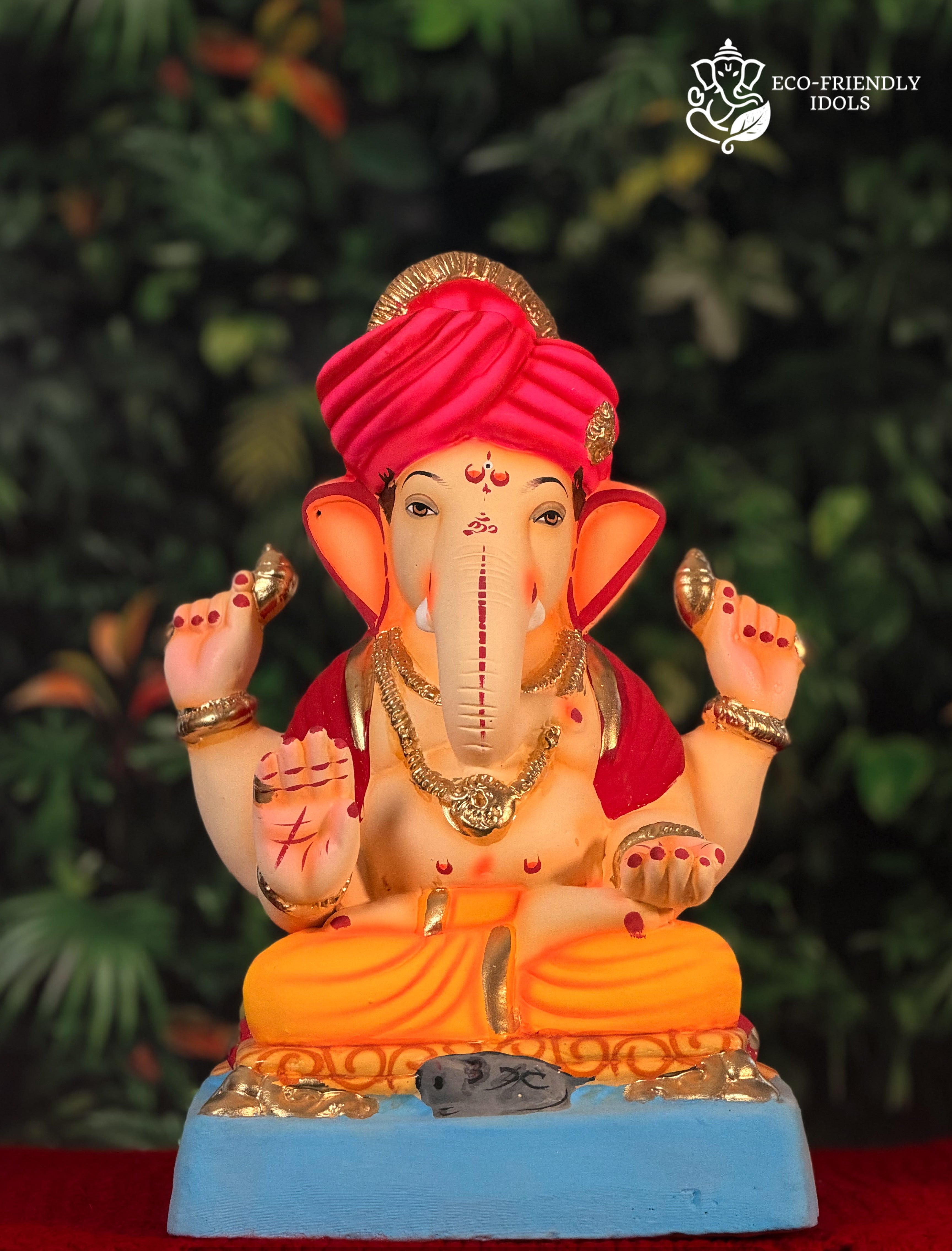 12 inch Padmasan Ganpati idol with pink feta in orange and red