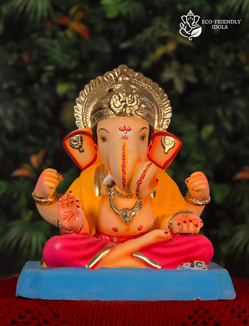 14 inch Dagdusheth Halwai Ganpati idol in pink and yellow