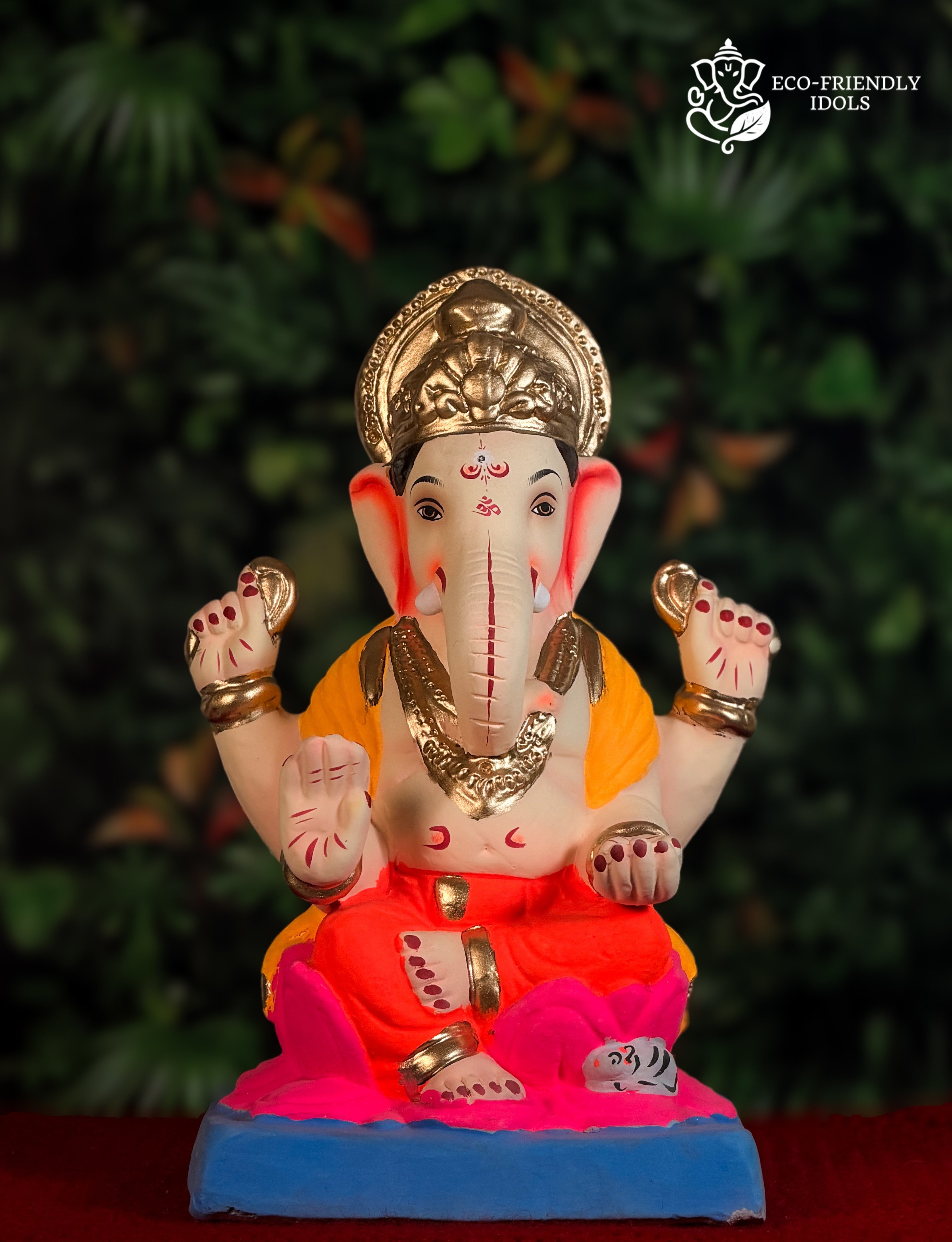 14 inch Nakshi Ganpati idol on lotus base in orange and yellow