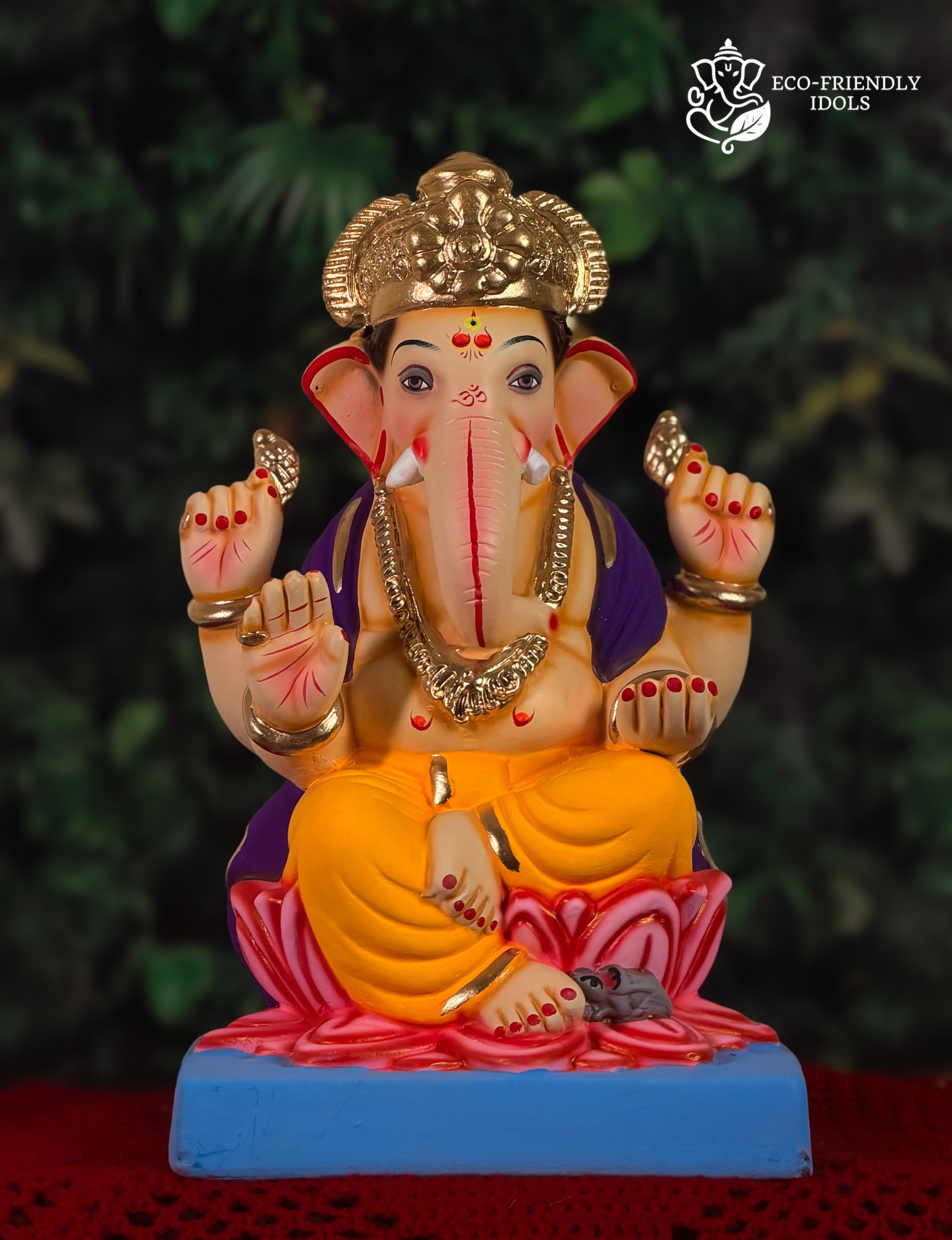 14 inch Nakshi Ganpati idol on lotus base in yellow and purple
