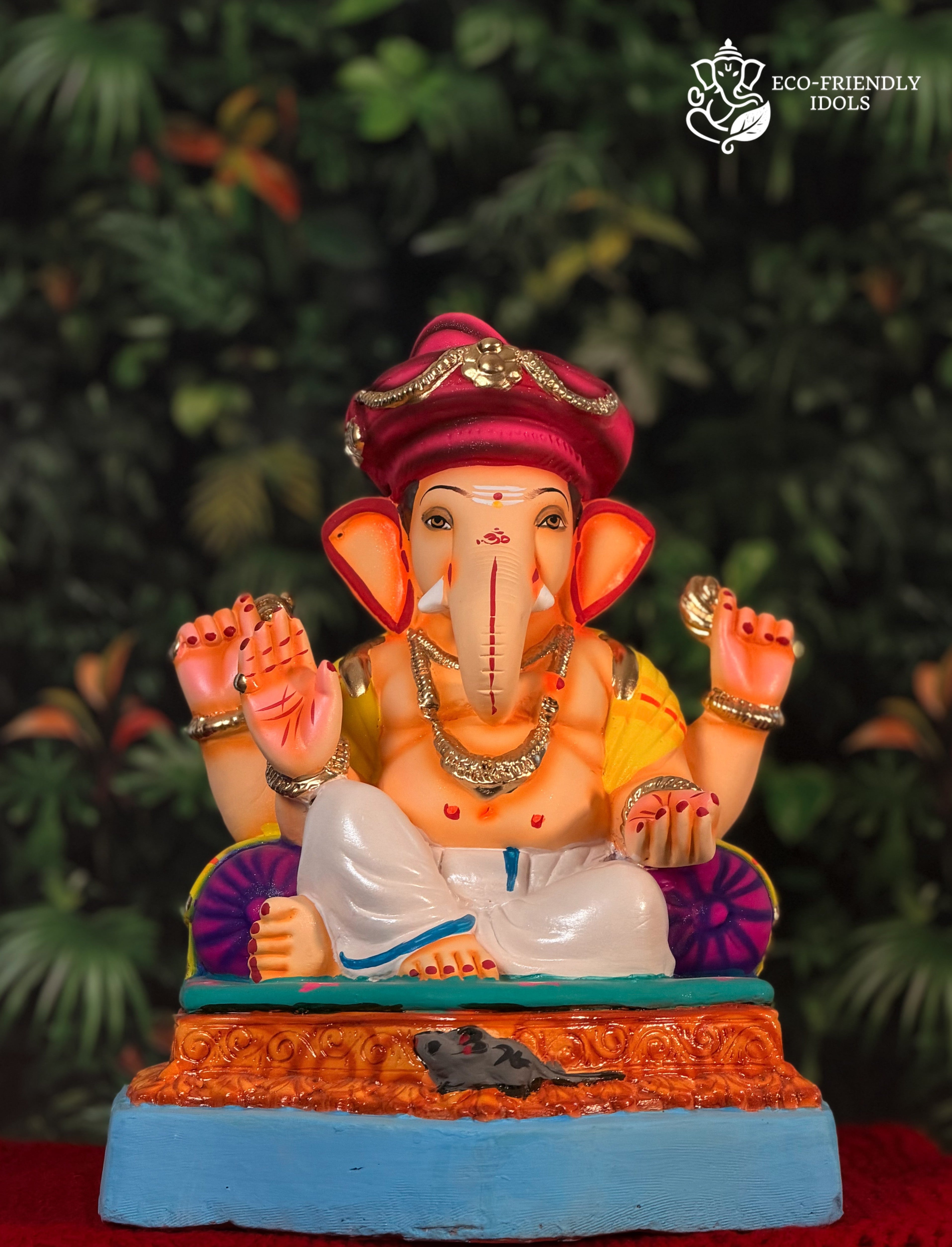 14 inch Rajeshai Ganpati idol with Puneri pagdi in white and yellow
