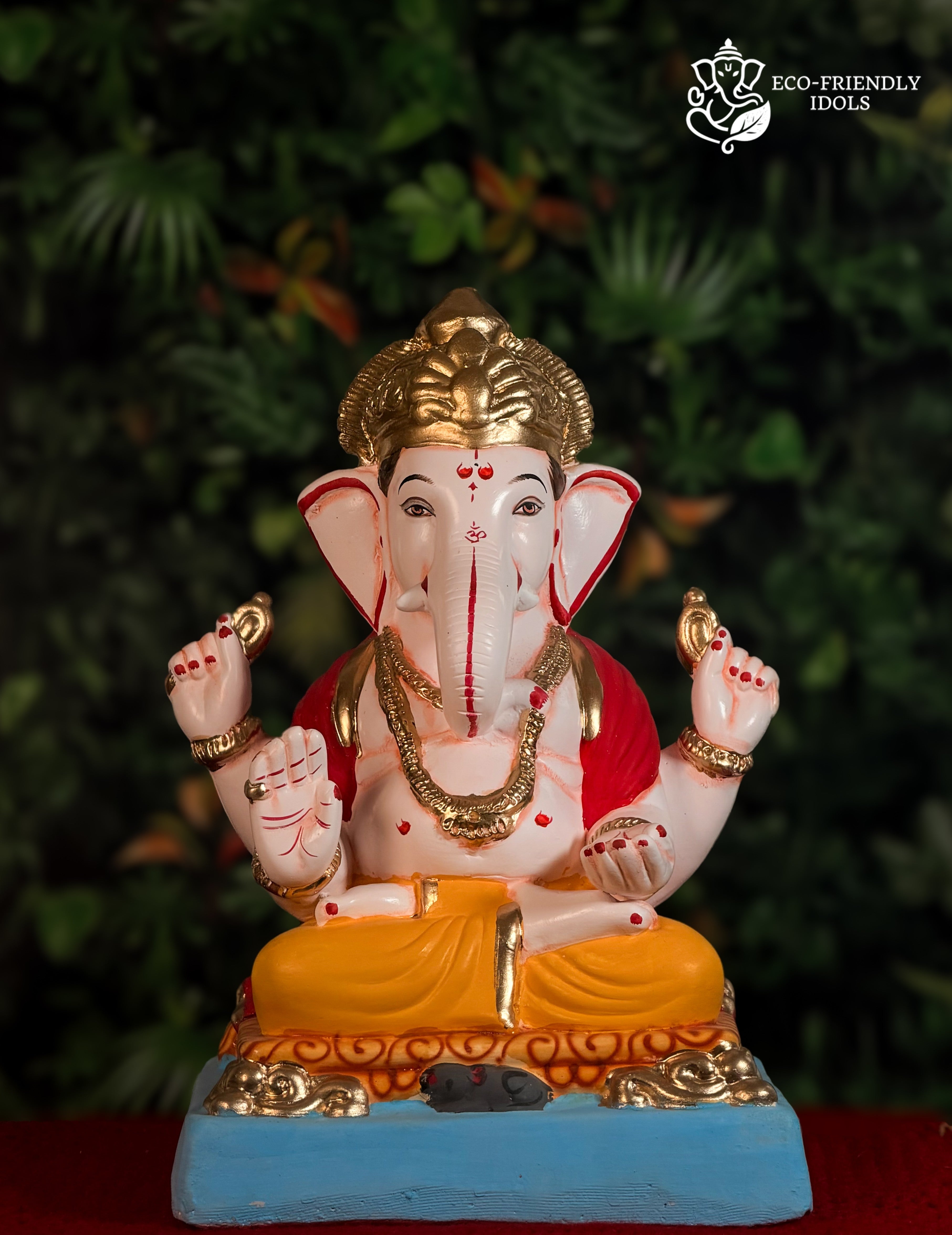 14 inch Sadhi Mandi Ganpati idol in yellow and red