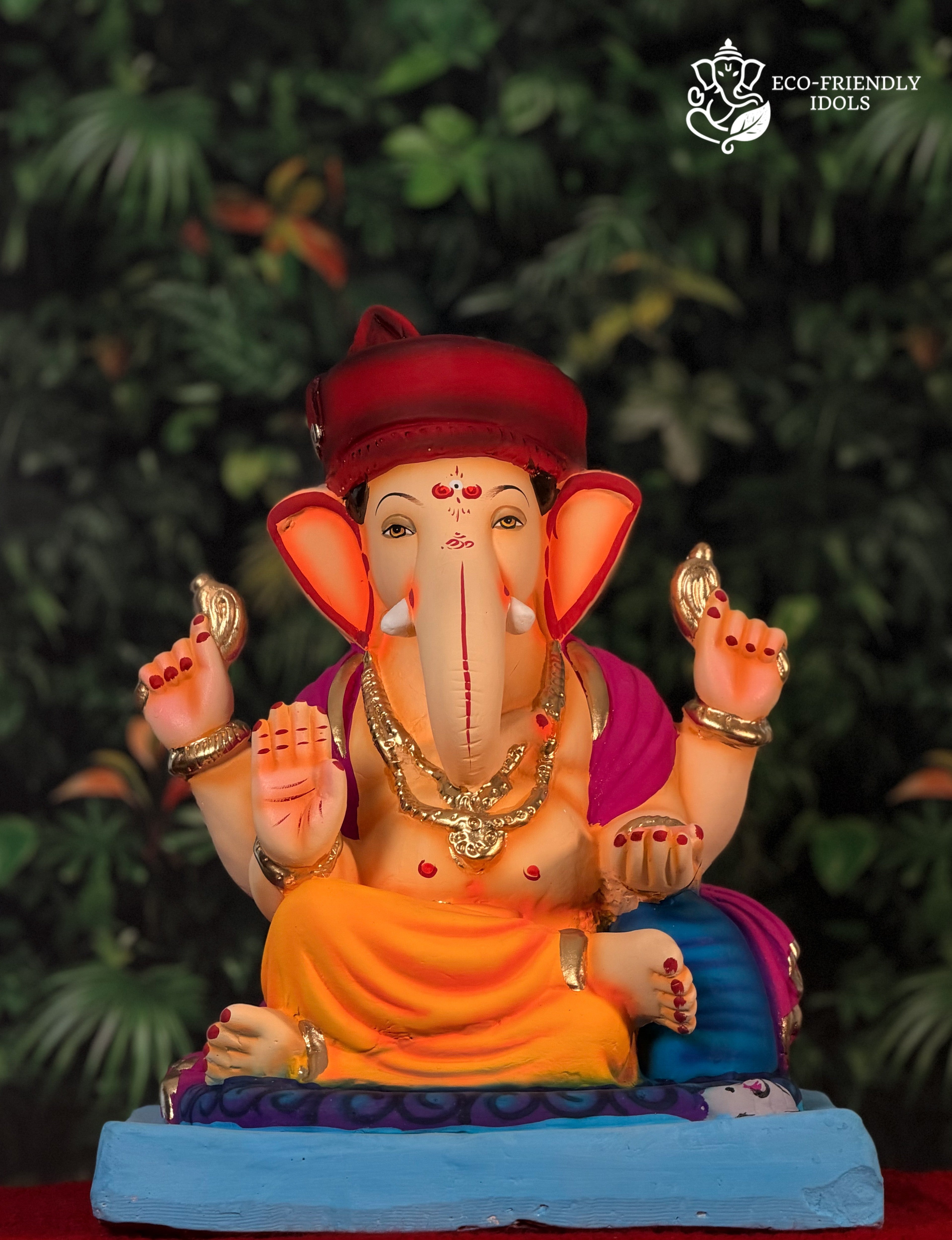 14 inch Shivrekar Ganpati idol with Puneri pagdi in orange and pink