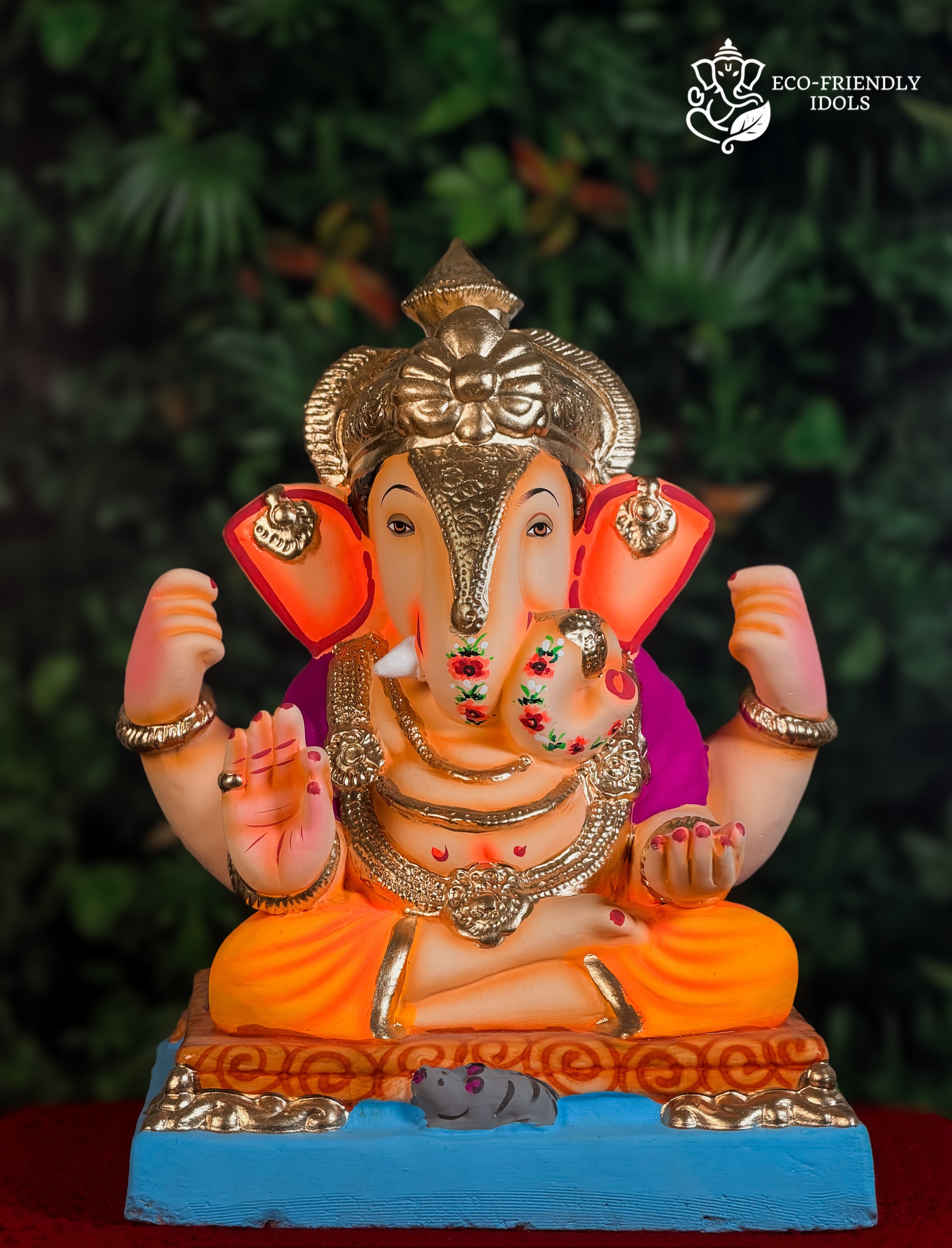 15 inch Dagdusheth Ganpati idol in orange and purple