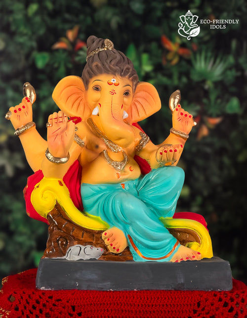 Balganesh Coach idol in teal and red, 18 inches, eco-friendly Shadu Mathi clay murti, youthful Ganesh design