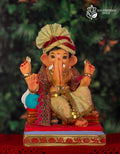 Cross Leg Single Load Ganesh idol in maroon and gold, 12 inches, eco-friendly Shadu Mathi clay murti