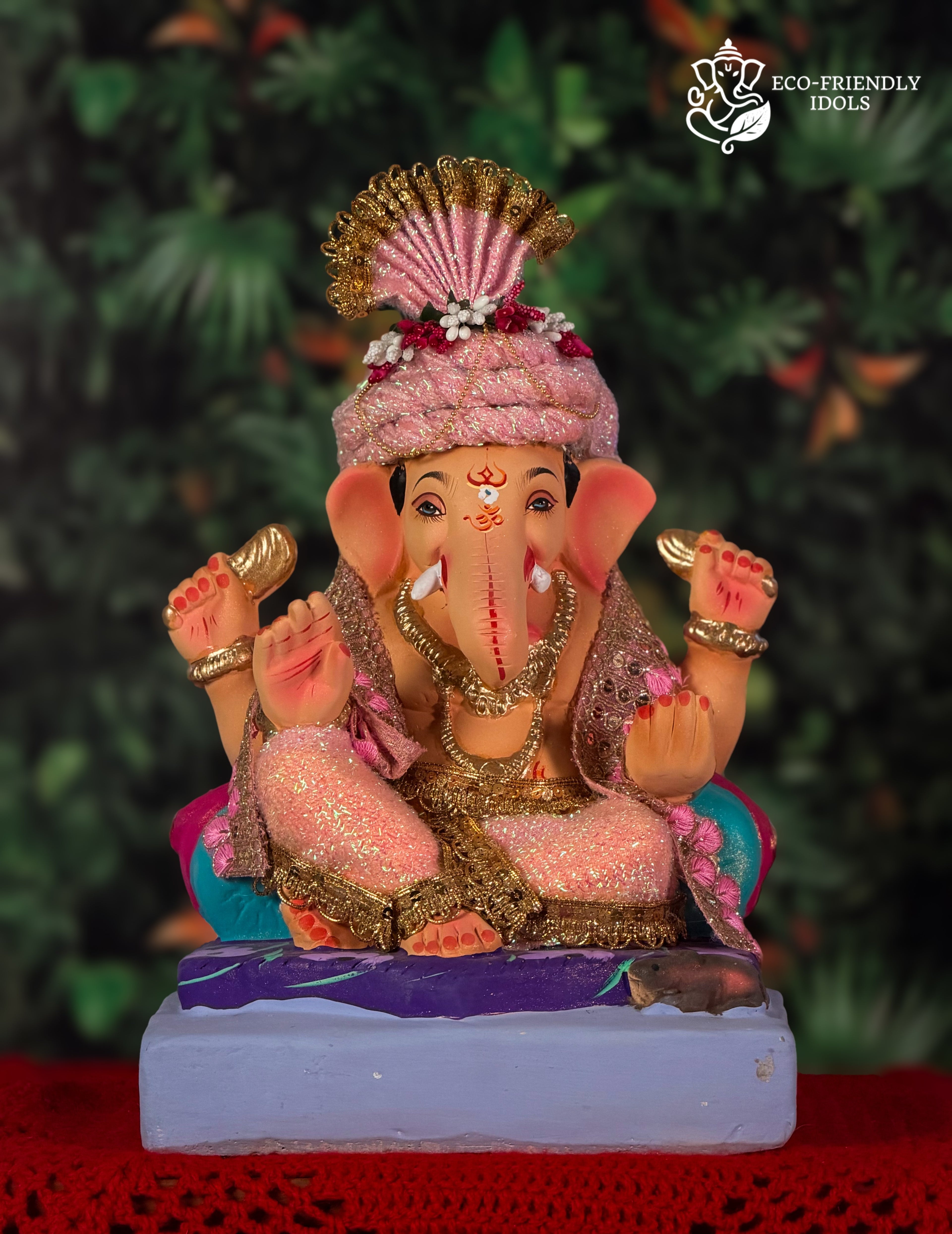 Cross Mandi Double Load Ganesh idol in pink and gold, 12 inches, eco-friendly Shadu Mathi clay murti