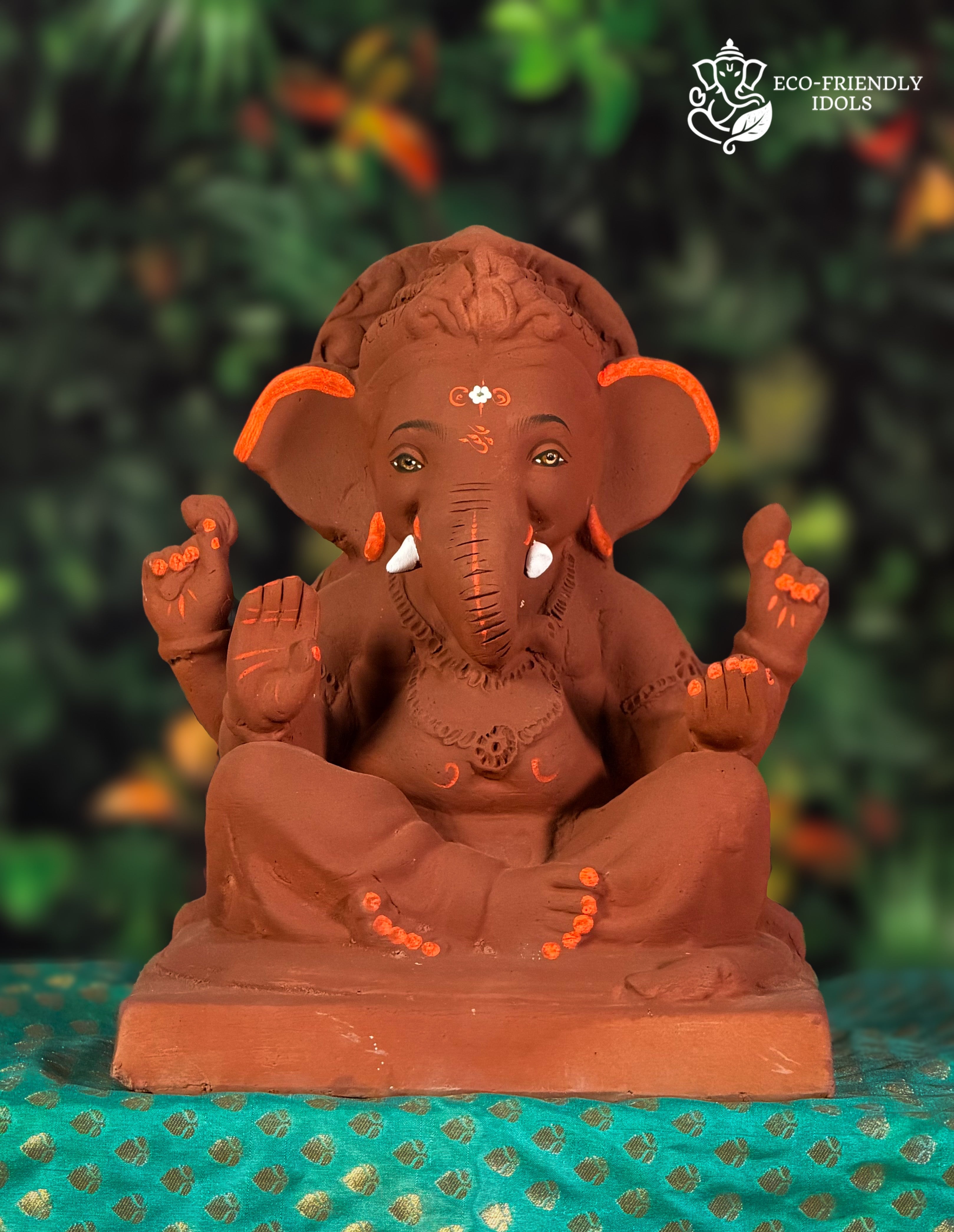 Cross Mandi Ganesh idol in natural red soil with colored borders, 10 inches, eco-friendly handmade murti