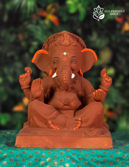 Cross Mandi Ganesh idol in natural red soil with colored borders, 10 inches, eco-friendly handmade murti