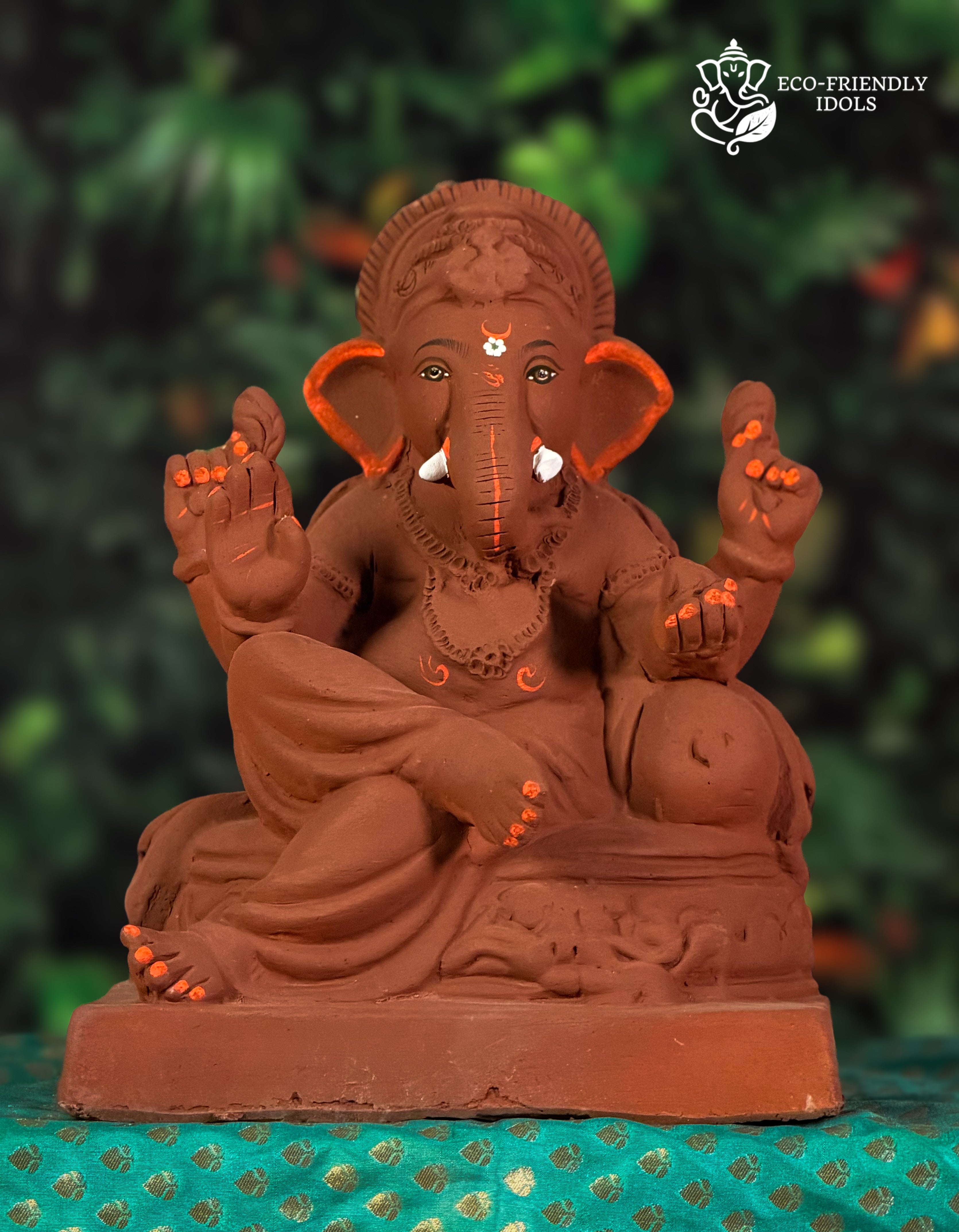 Cross Mandi Ganesh idol in natural red soil with colored borders, 12 inches, eco-friendly handmade murti