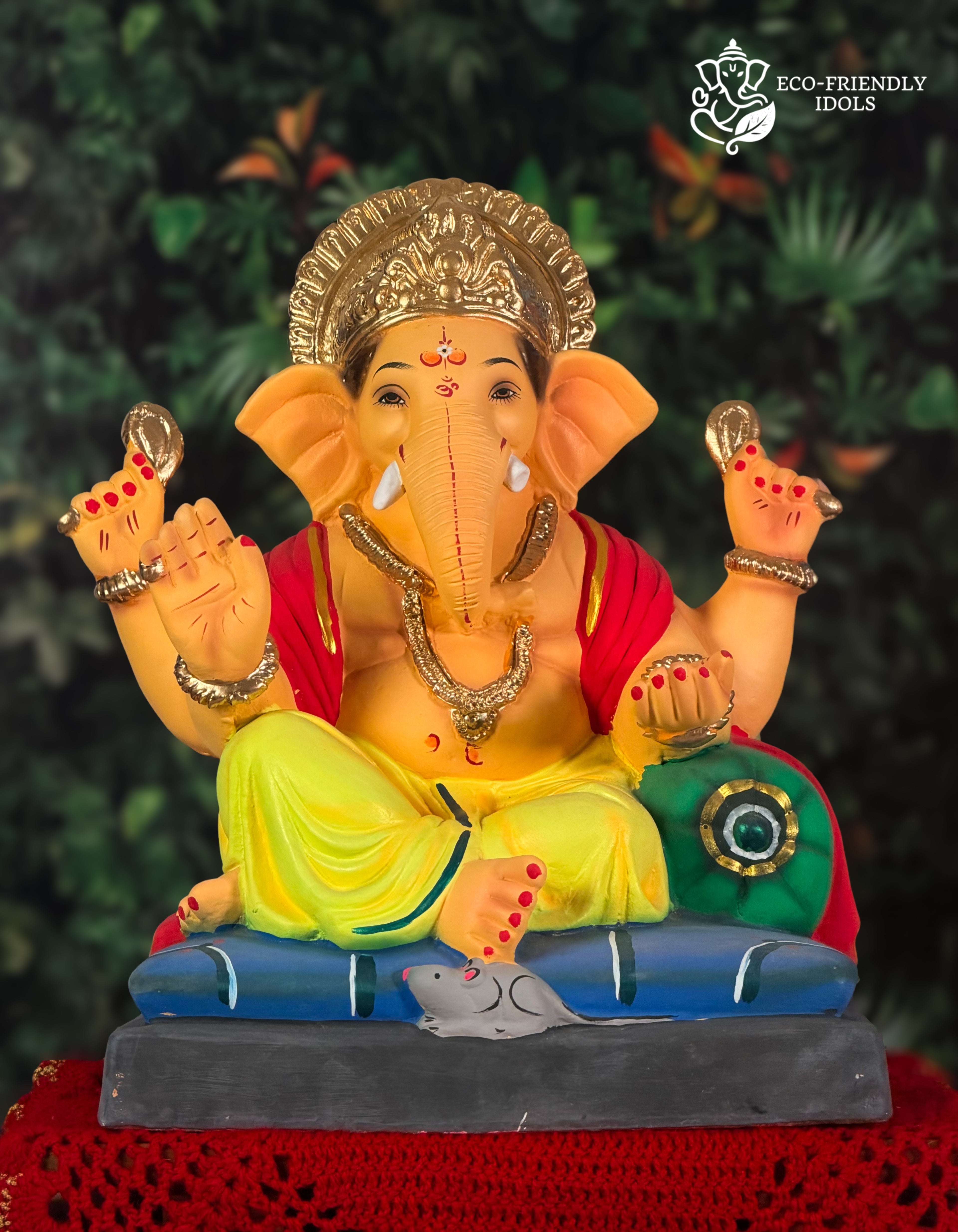 Cross Mandi Ganesh idol in yellow and red, 18 inches, eco-friendly Shadu Mathi clay murti with golden crown