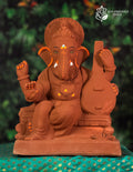 Cross Mandi Veena Ganesh idol in natural red soil with colored borders, 15 inches, eco-friendly handmade murti