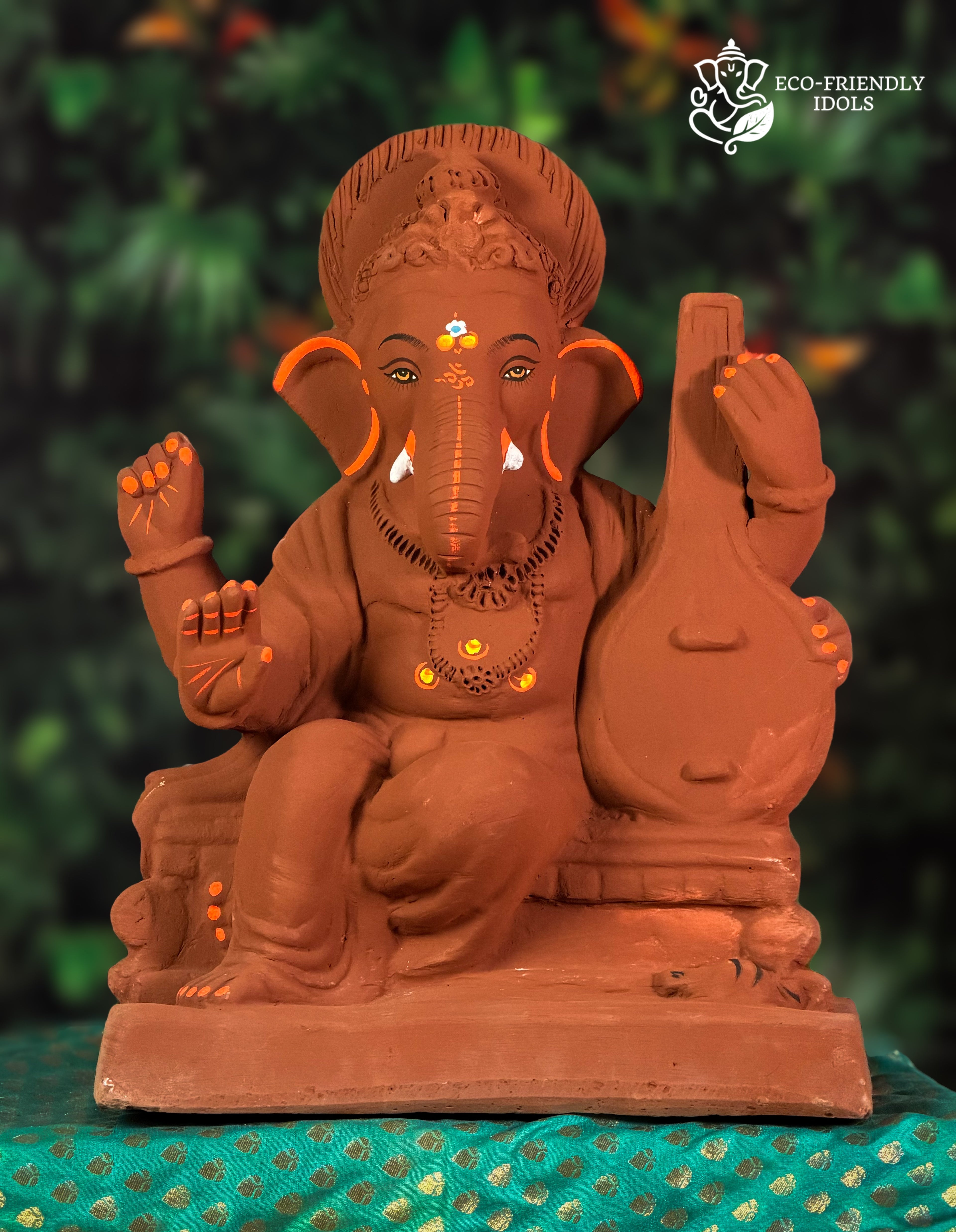 Cross Mandi Veena Ganesh idol in natural red soil with colored borders, 15 inches, eco-friendly handmade murti