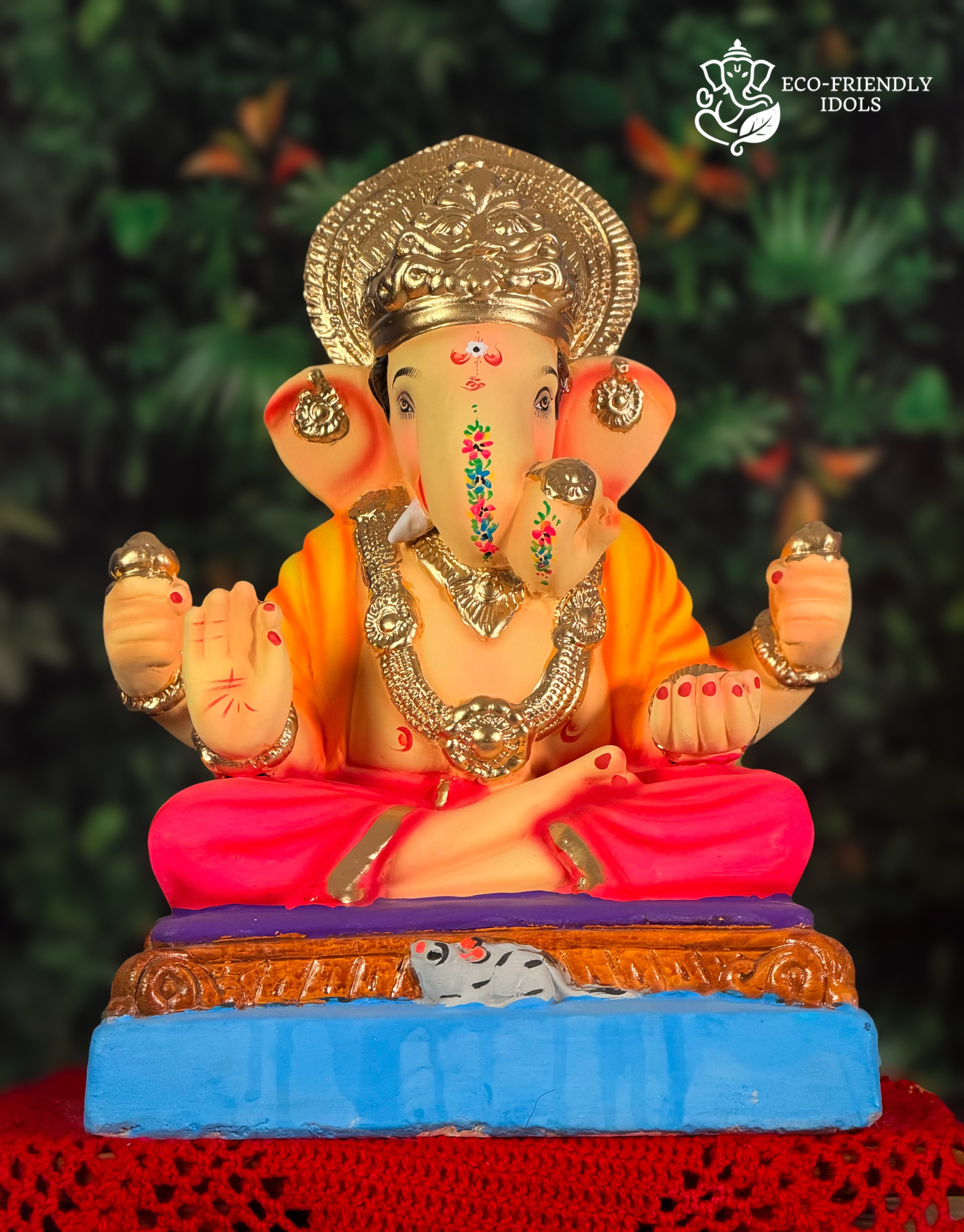 Dagdusheth Ganesh idol in Pink &  Orange, 18 inches, eco-friendly Shadu Mathi clay murti with golden crown

