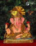 Dagdusheth Ganesh idol in golden drapery, 15 inches, eco-friendly Shadu Mathi clay murti with floral crown