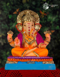 Dagdusheth Ganesh idol in orange and purple, 18 inches, eco-friendly Shadu Mathi clay murti with golden crown