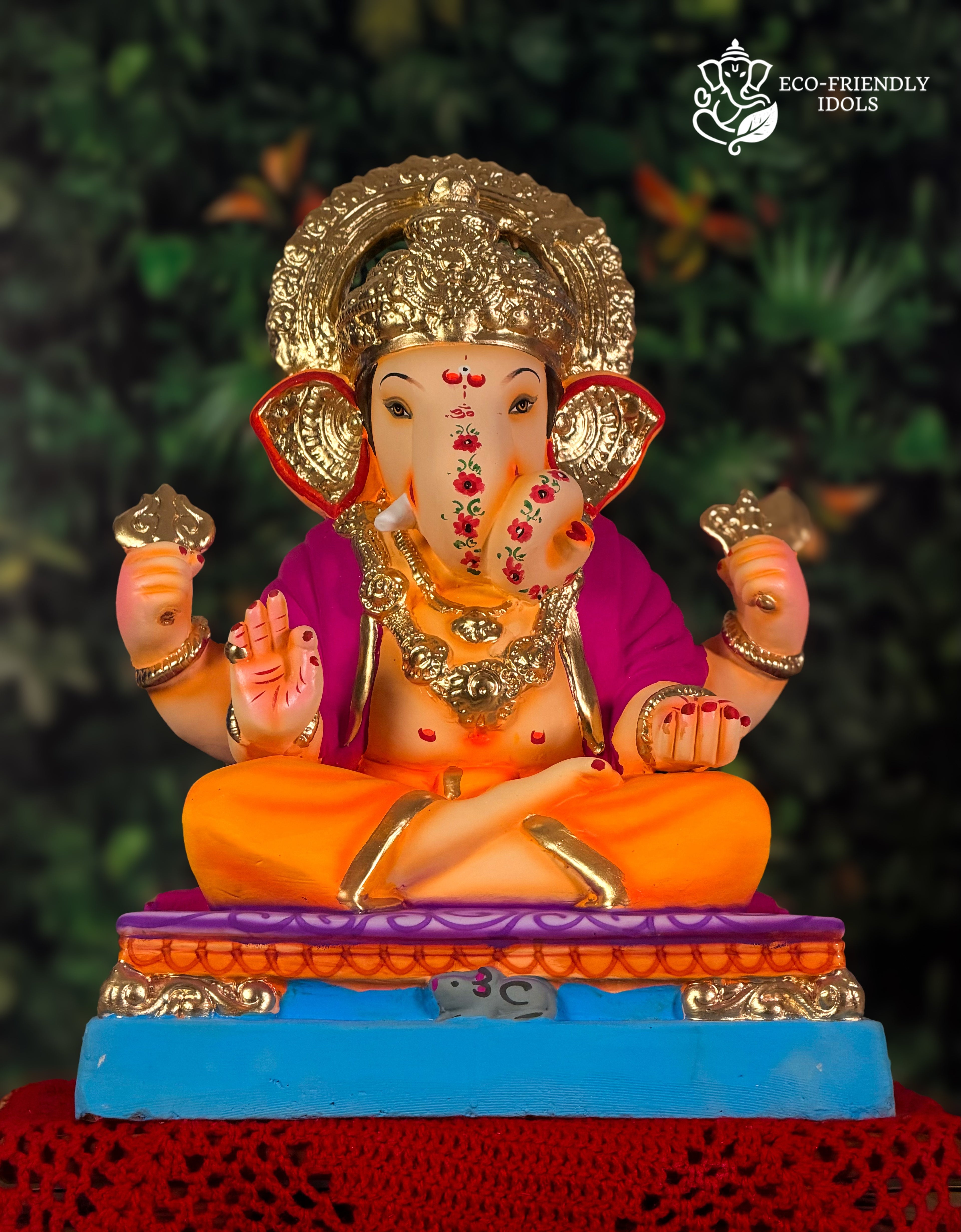 Dagdusheth Ganesh idol in orange and purple, 18 inches, eco-friendly Shadu Mathi clay murti with golden crown