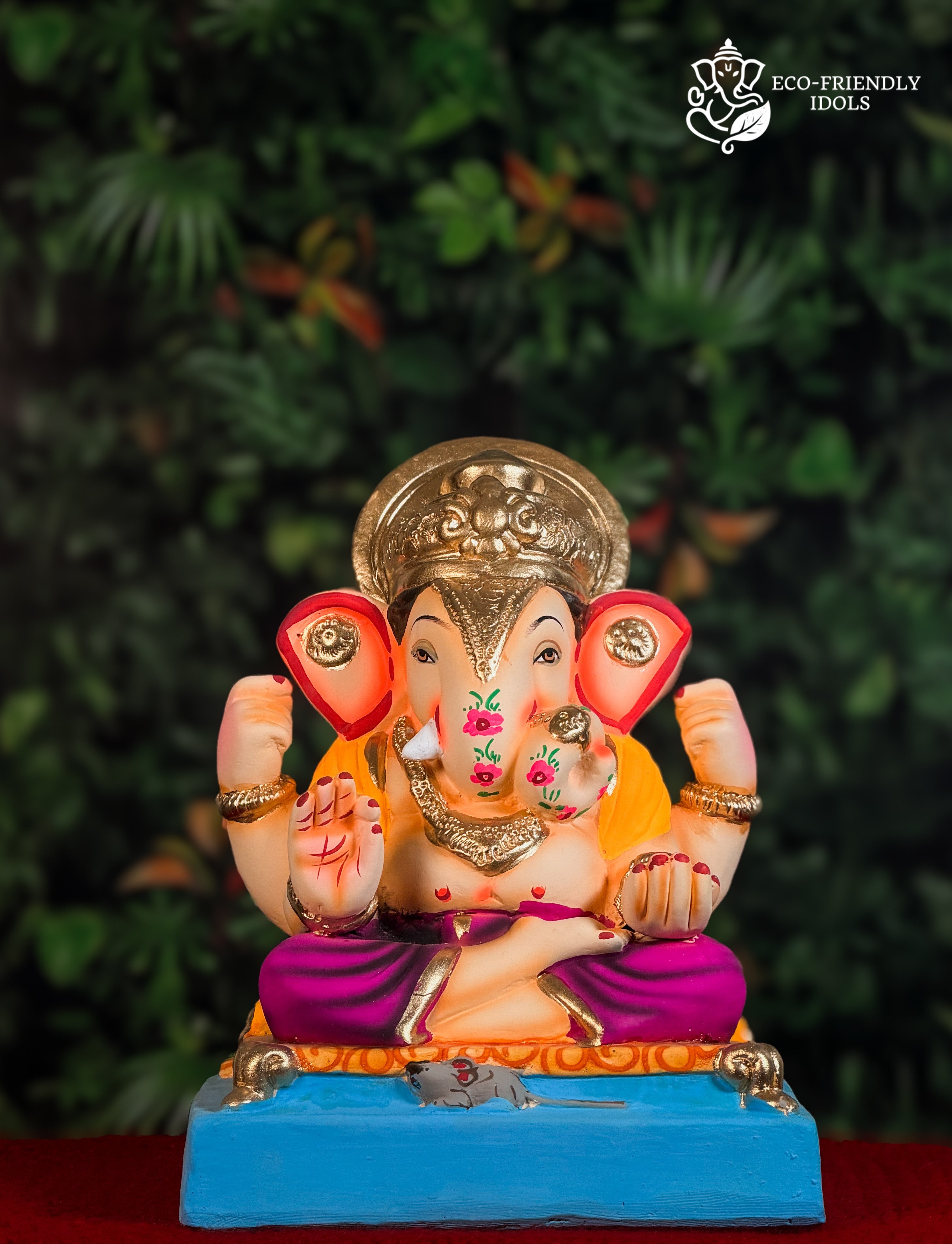 Dagdusheth Ganesh idol in purple and yellow, 12 inches, small traditional murti