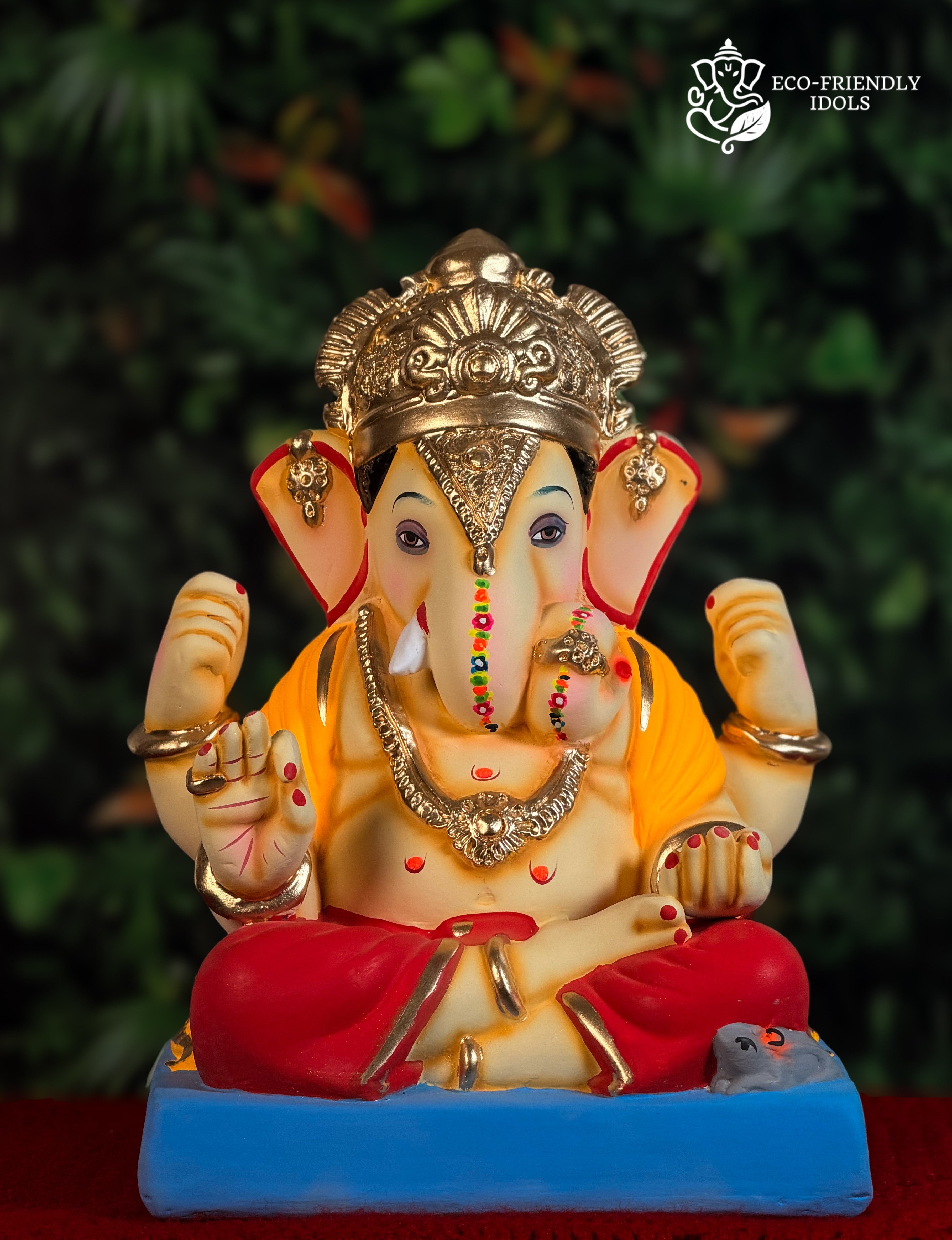 Dagdusheth Ganesh idol in red and yellow, 14 inches, ornate traditional murti