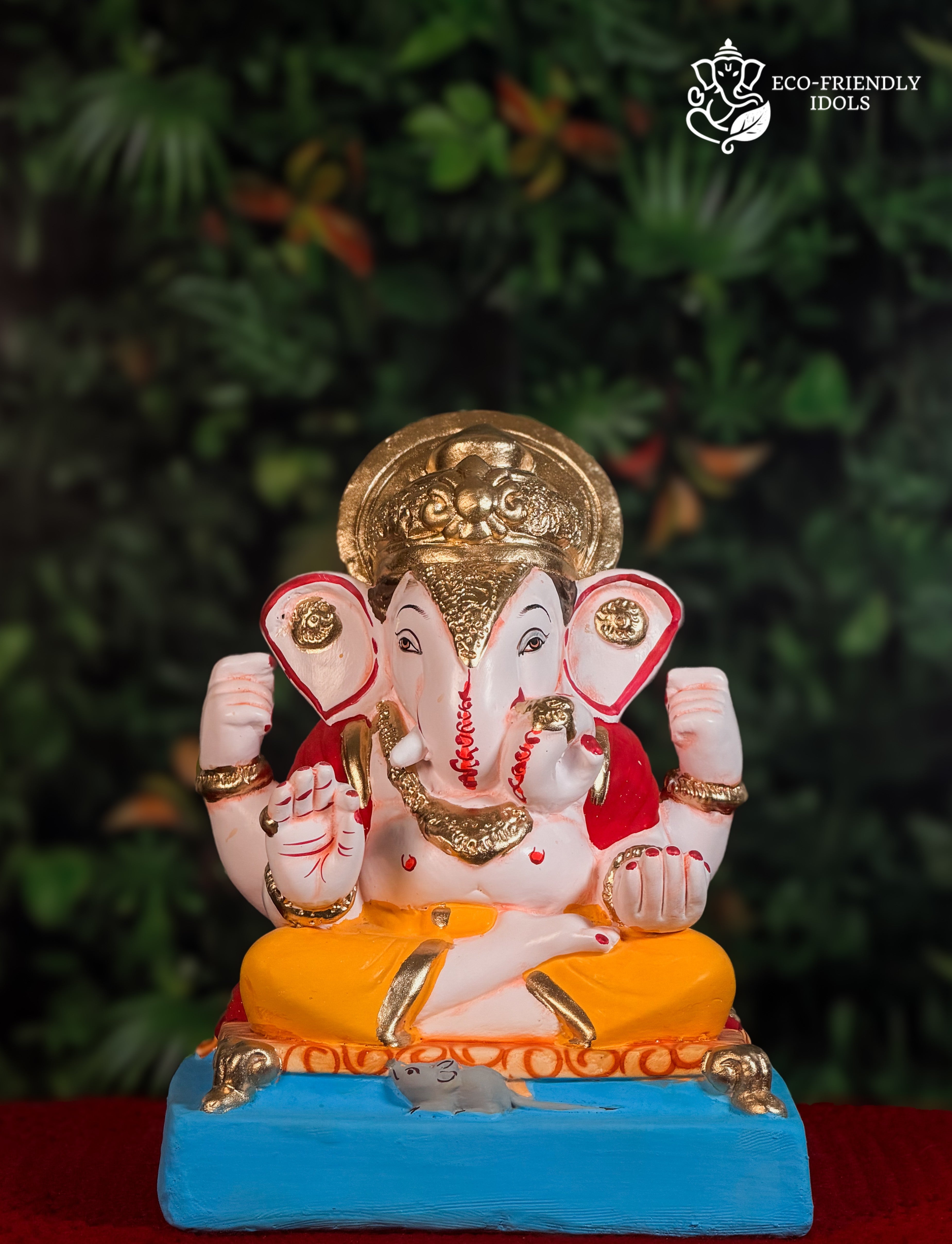 Dagdusheth Ganesh idol in yellow and red, 12 inches, compact murti
