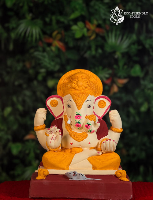 Dagdusheth Haldi Ganesh idol with flower trunk design, 12 inches, yellow traditional murti