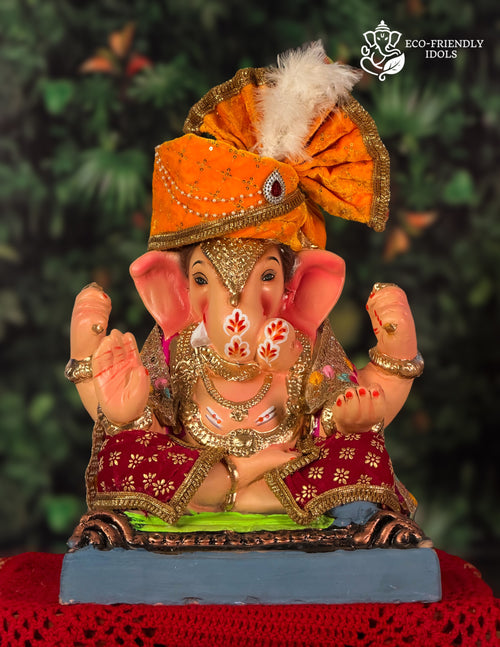 Dagdusheth Halwai Ganesh idol in orange and maroon, 15 inches, eco-friendly Shadu Mathi clay murti with plumed pagdi