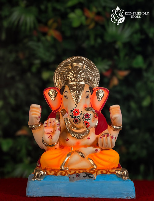 Dagdusheth Halwai Ganesh idol in orange and red, 12 inches, ornate traditional murti