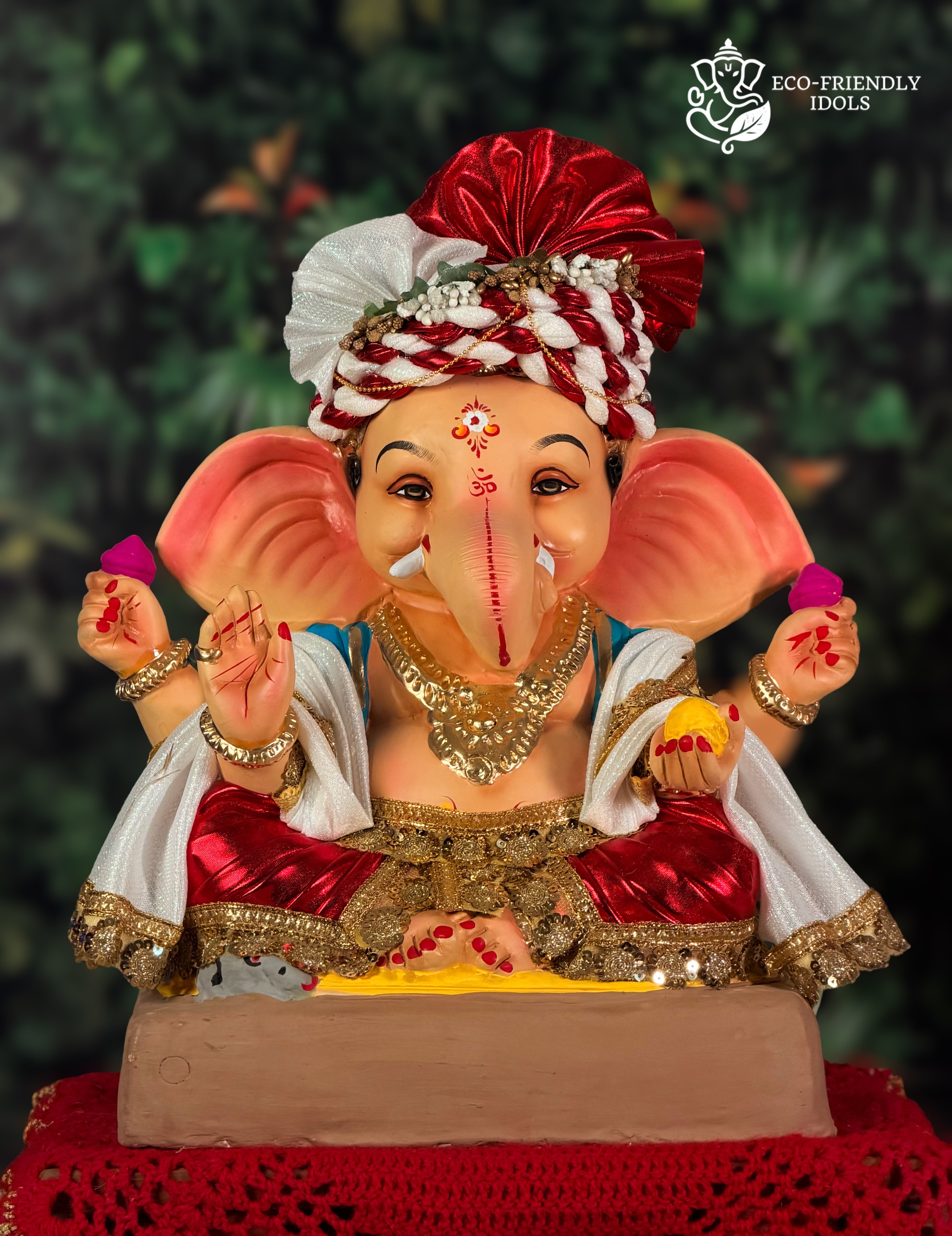 Gattu Mysori Ganesh idol in red and gold, 15 inches, eco-friendly Shadu Mathi clay murti with striped pagdi