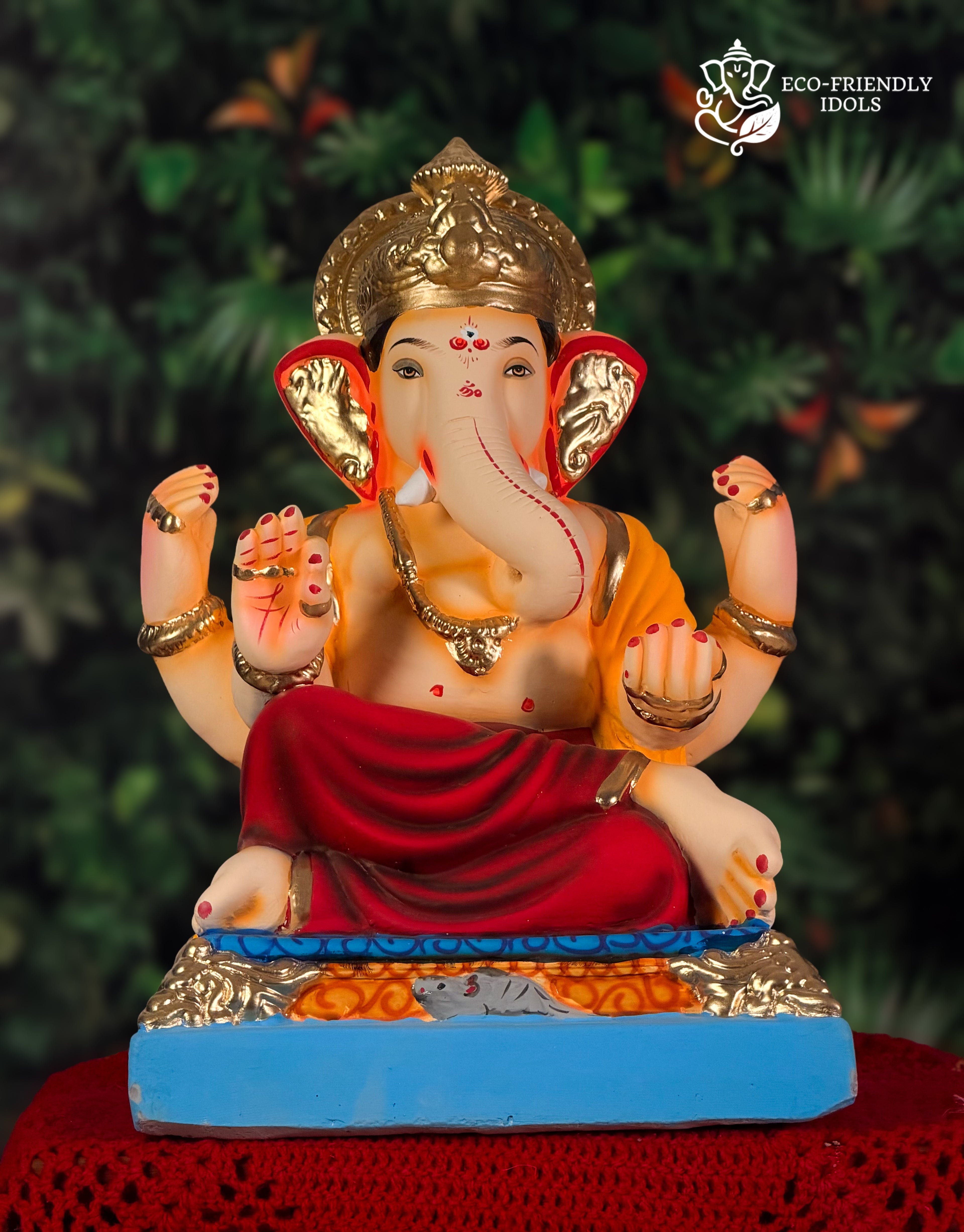 Kasba Ganpati idol in red and yellow, 16 inches, eco-friendly Shadu Mathi clay murti with golden crown