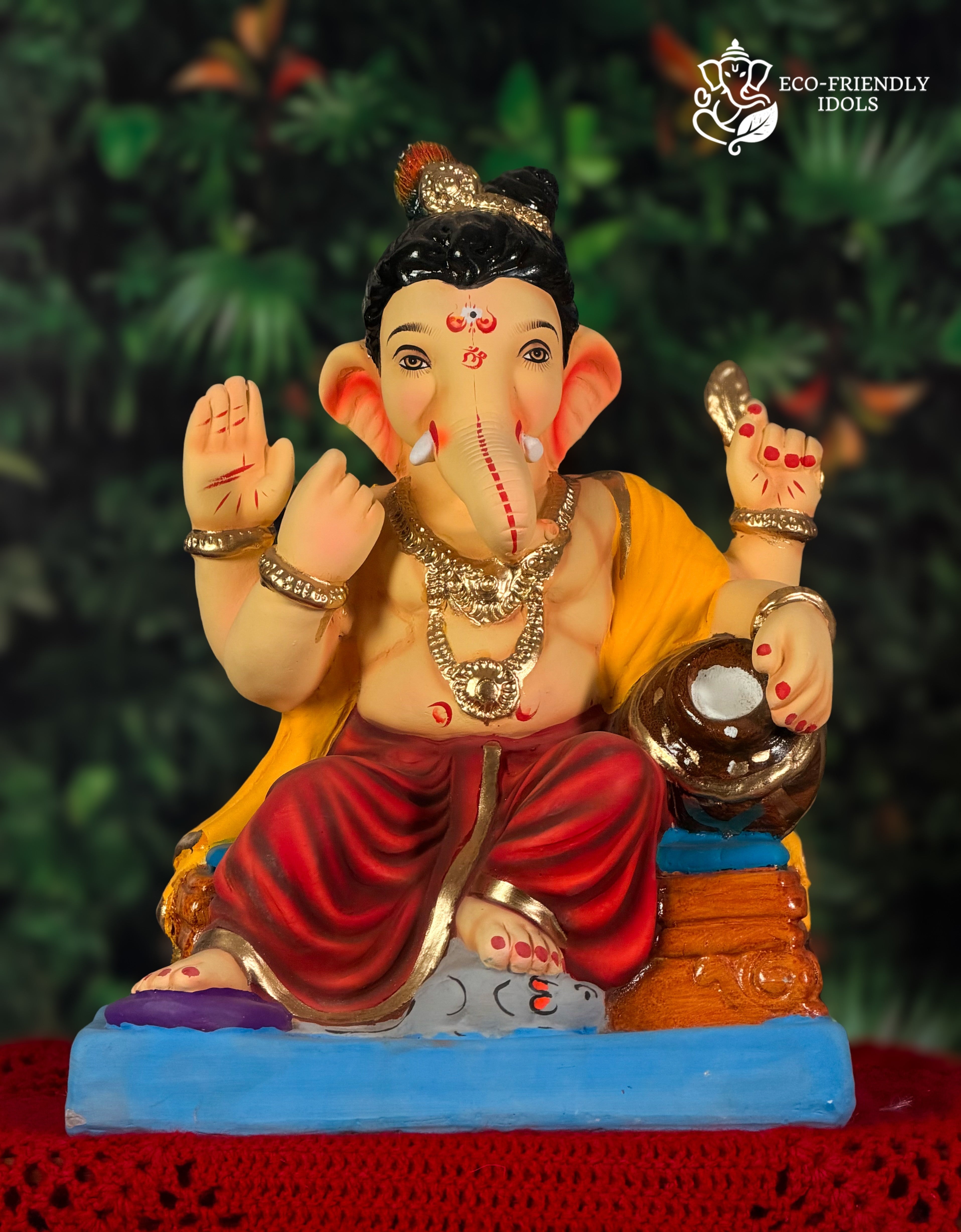 Krushan Asan Ganesh idol in red and yellow, 15 inches, eco-friendly Shadu Mathi clay murti