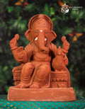 Mayur Asan Ganesh idol in natural red soil with peacock throne, 15 inches, eco-friendly handmade murti