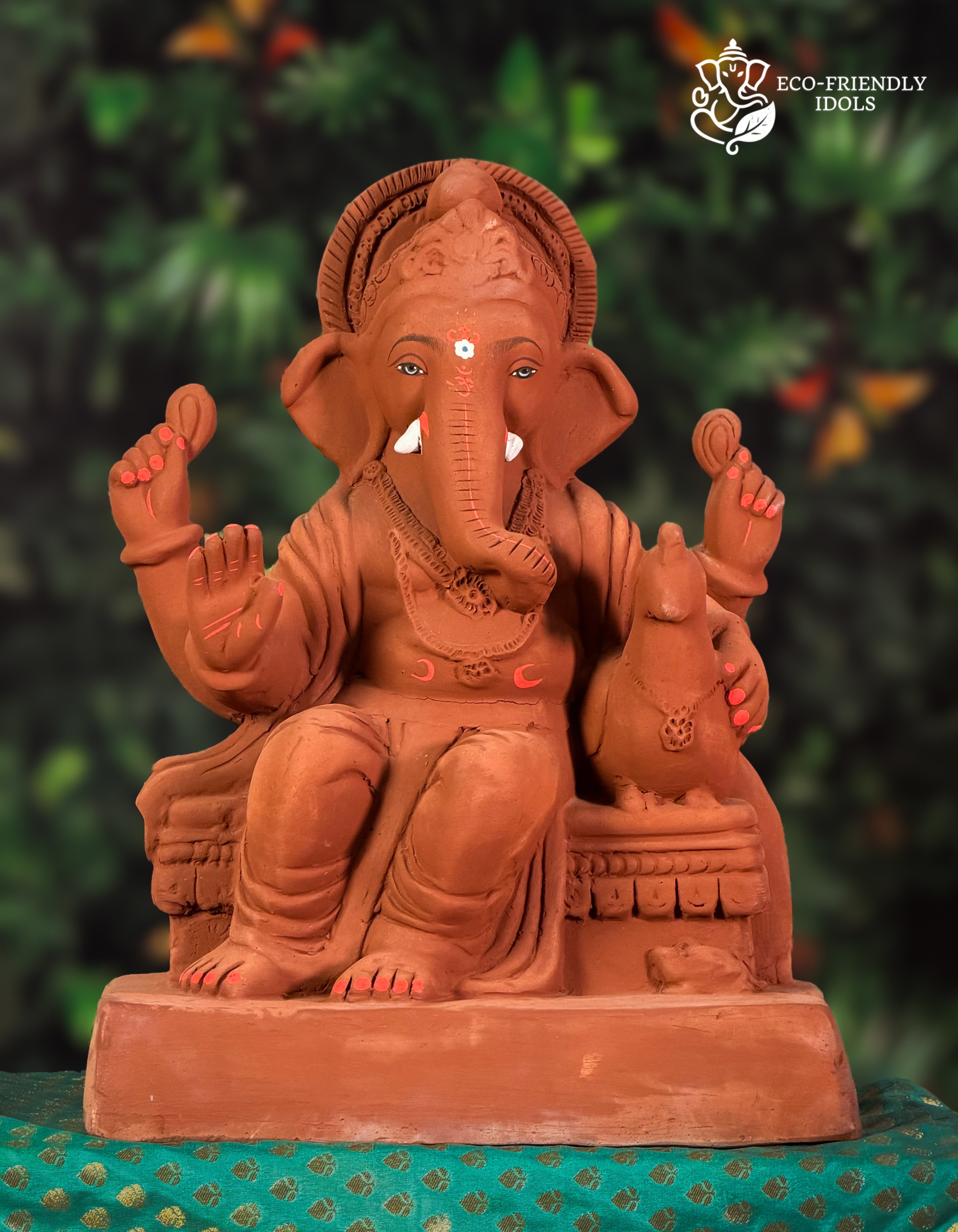 Mayur Asan Ganesh idol in natural red soil with peacock throne, 15 inches, eco-friendly handmade murti