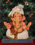 Mysori Ganesh idol in ivory and gold, 15 inches, eco-friendly Shadu Mathi clay murti with white pagdi