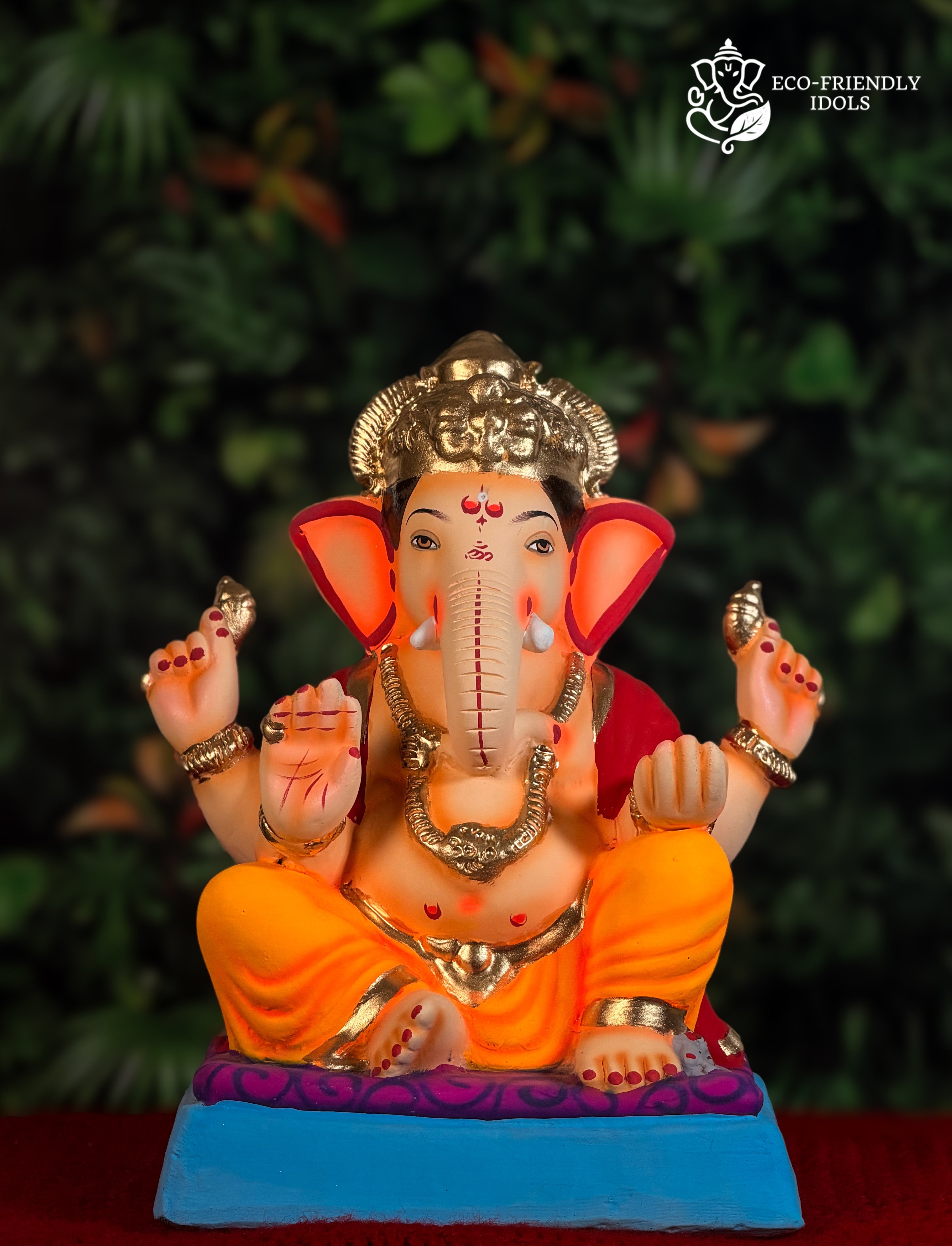 Mysori Ganesh idol in orange and red, 12 inches, festive traditional murti