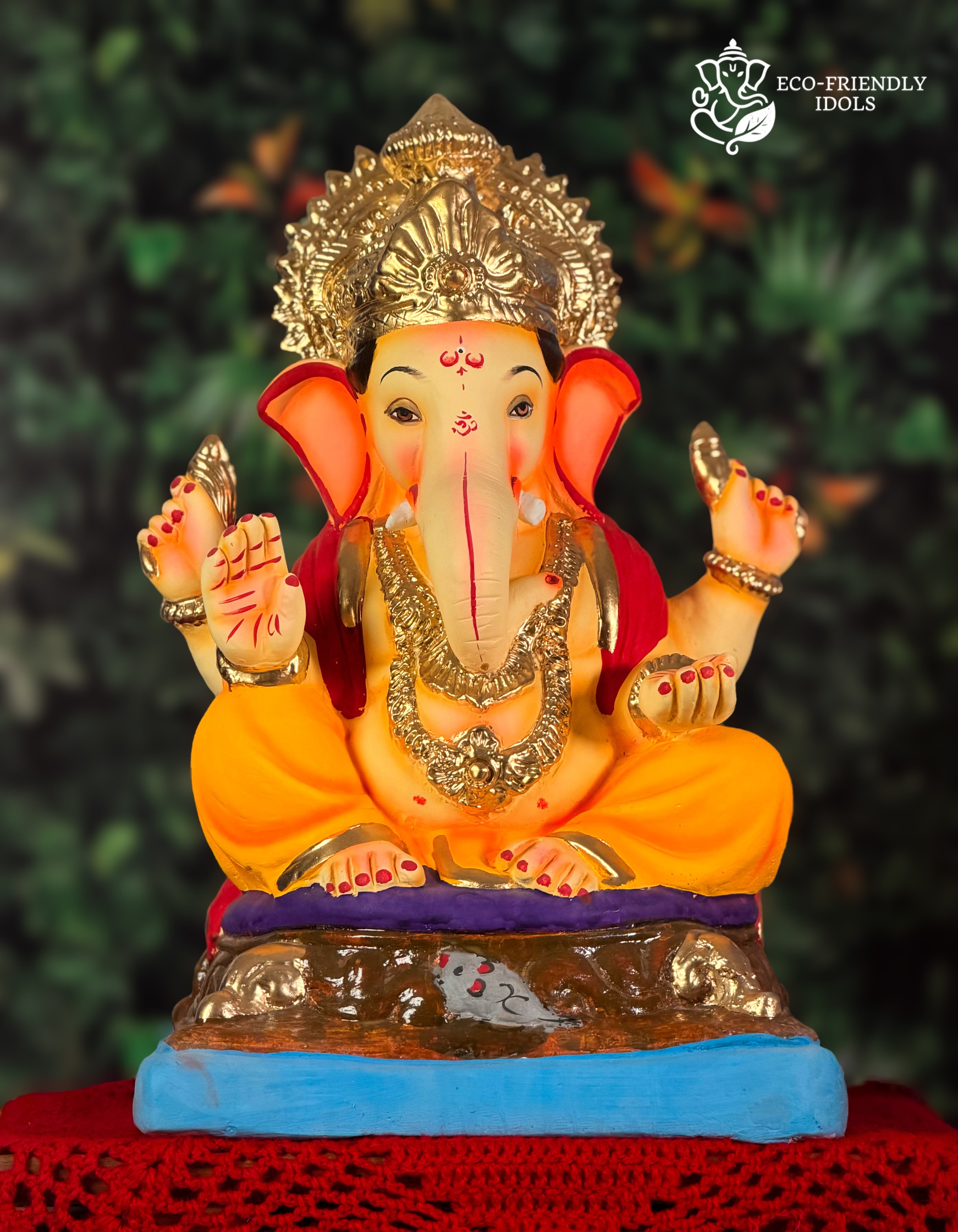 Mysori Ganesh idol in orange and red, 18 inches, eco-friendly Shadu Mathi clay murti with golden crown