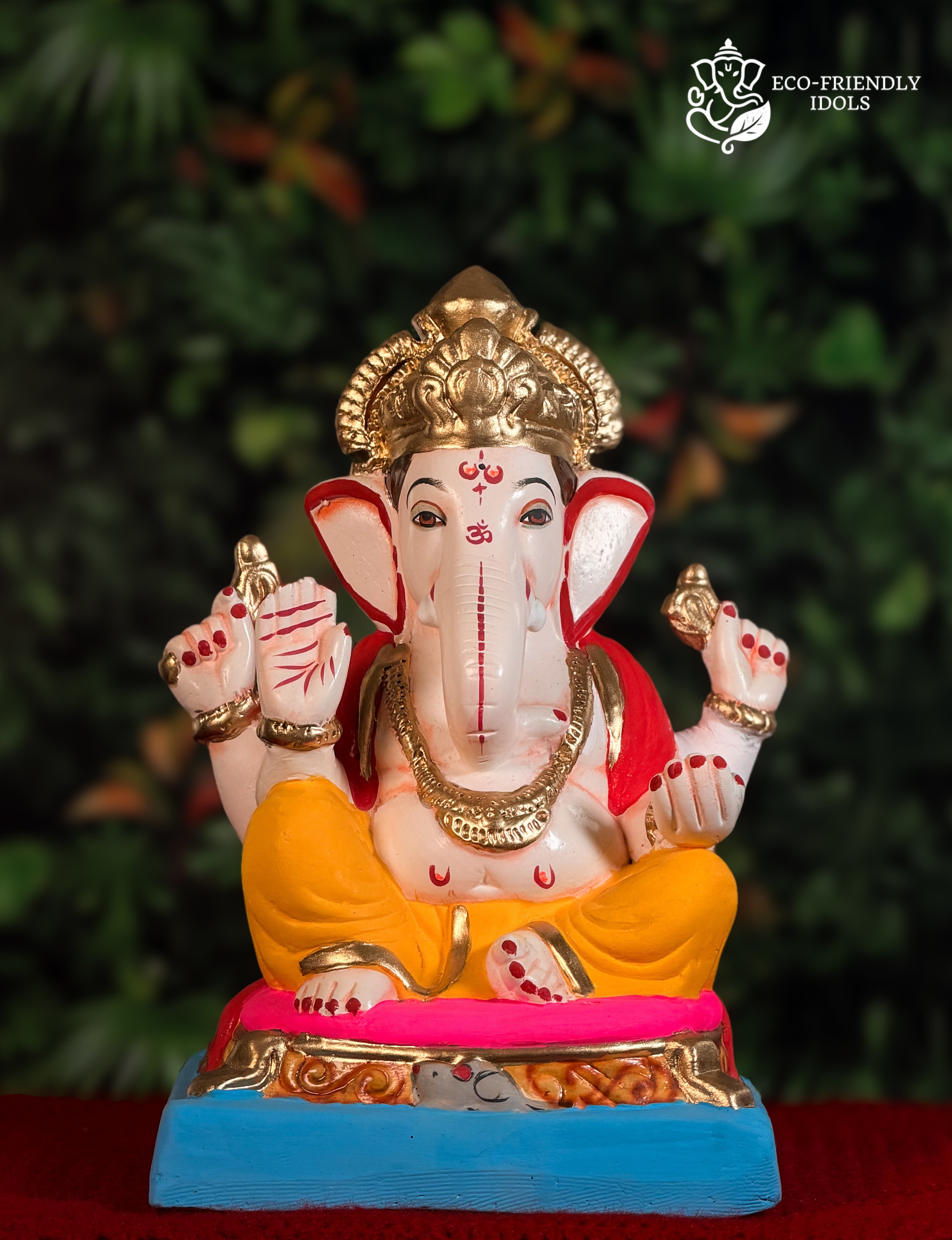 Mysori Ganesh idol in yellow and red, 12 inches, traditional murti
