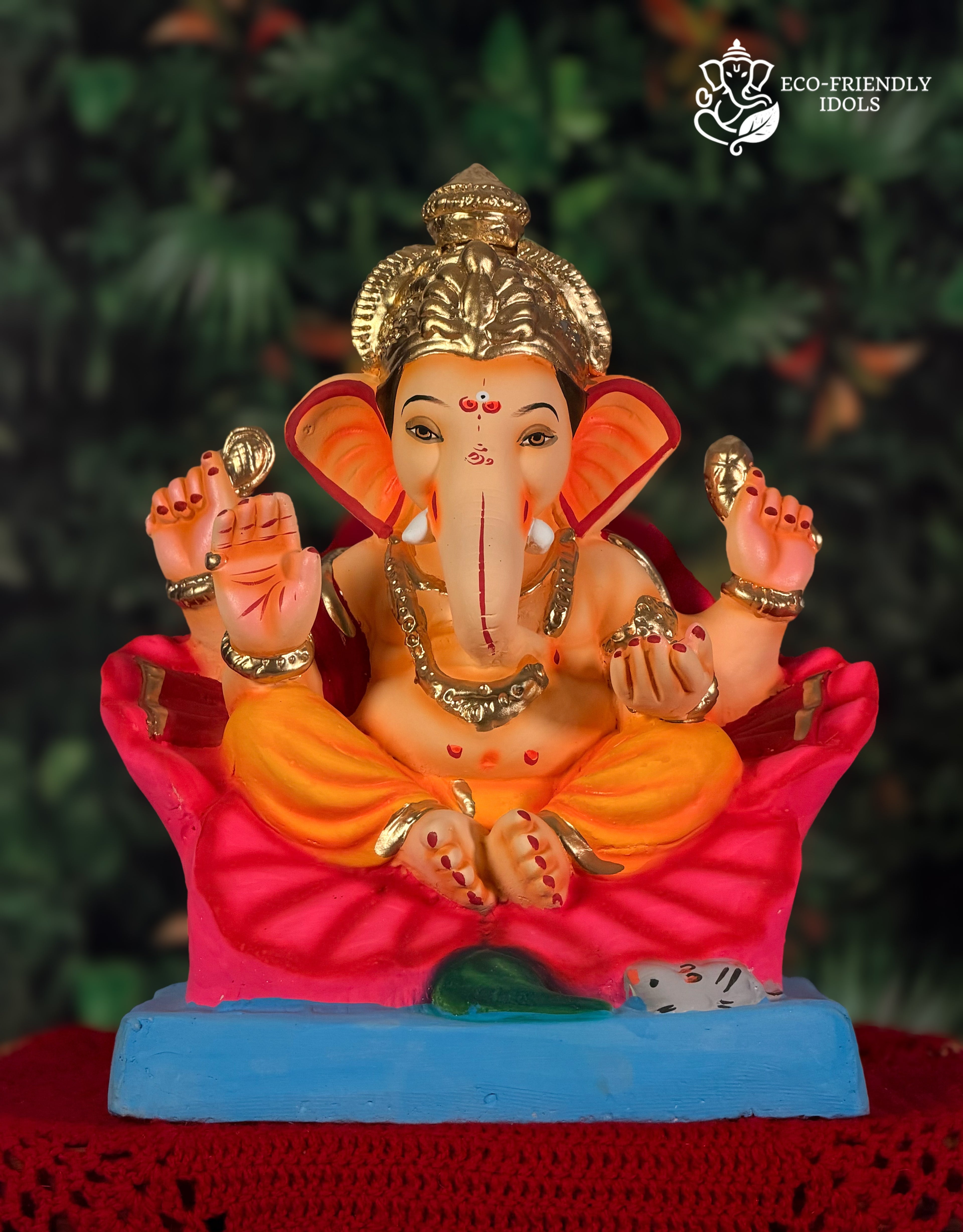 Mysori Jaswanda Ganesh idol in orange and red, 14 inches, eco-friendly Shadu Mathi clay murti
