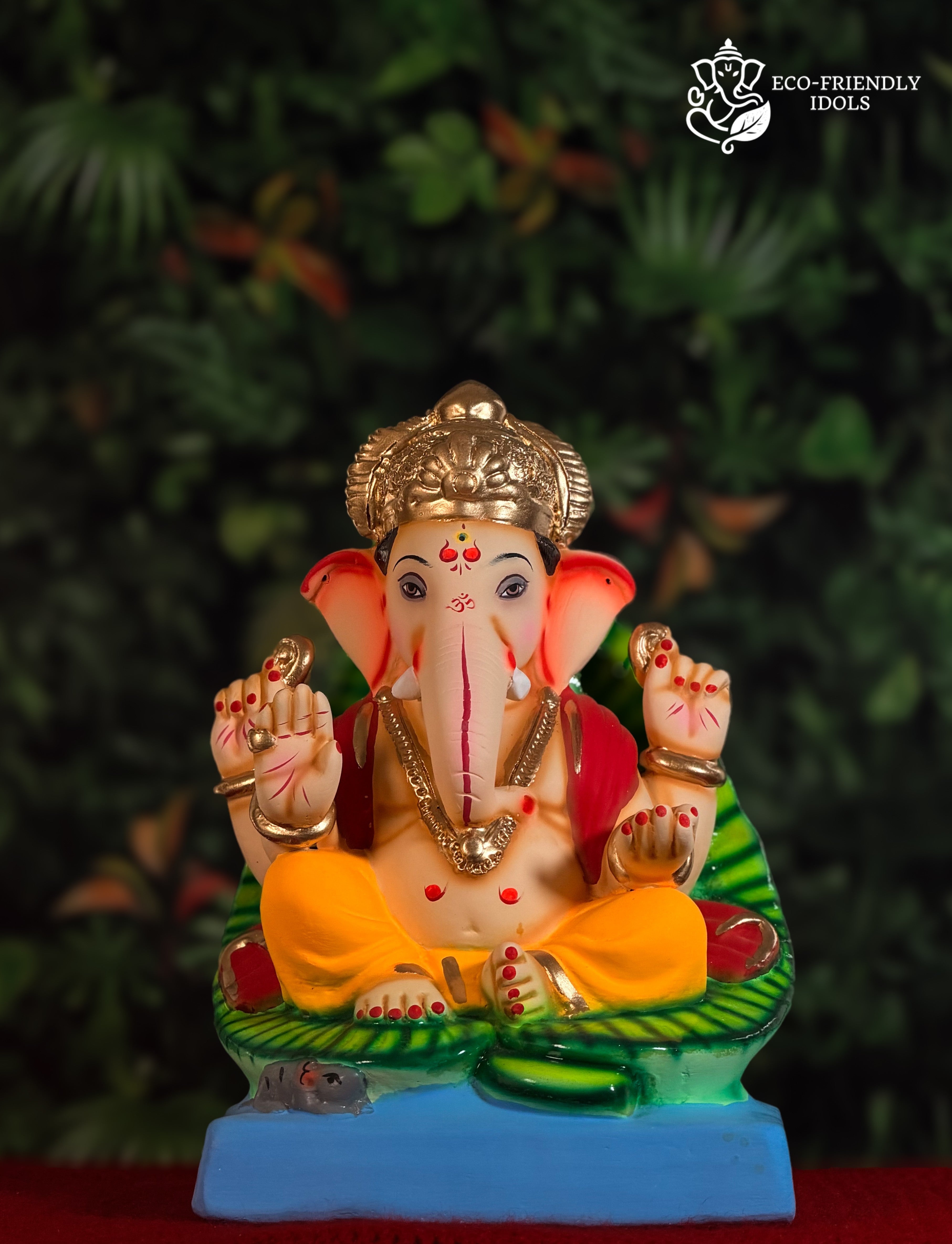 Mysori Paan style Ganesh idol in yellow and orange, 12 inches, decorative murti