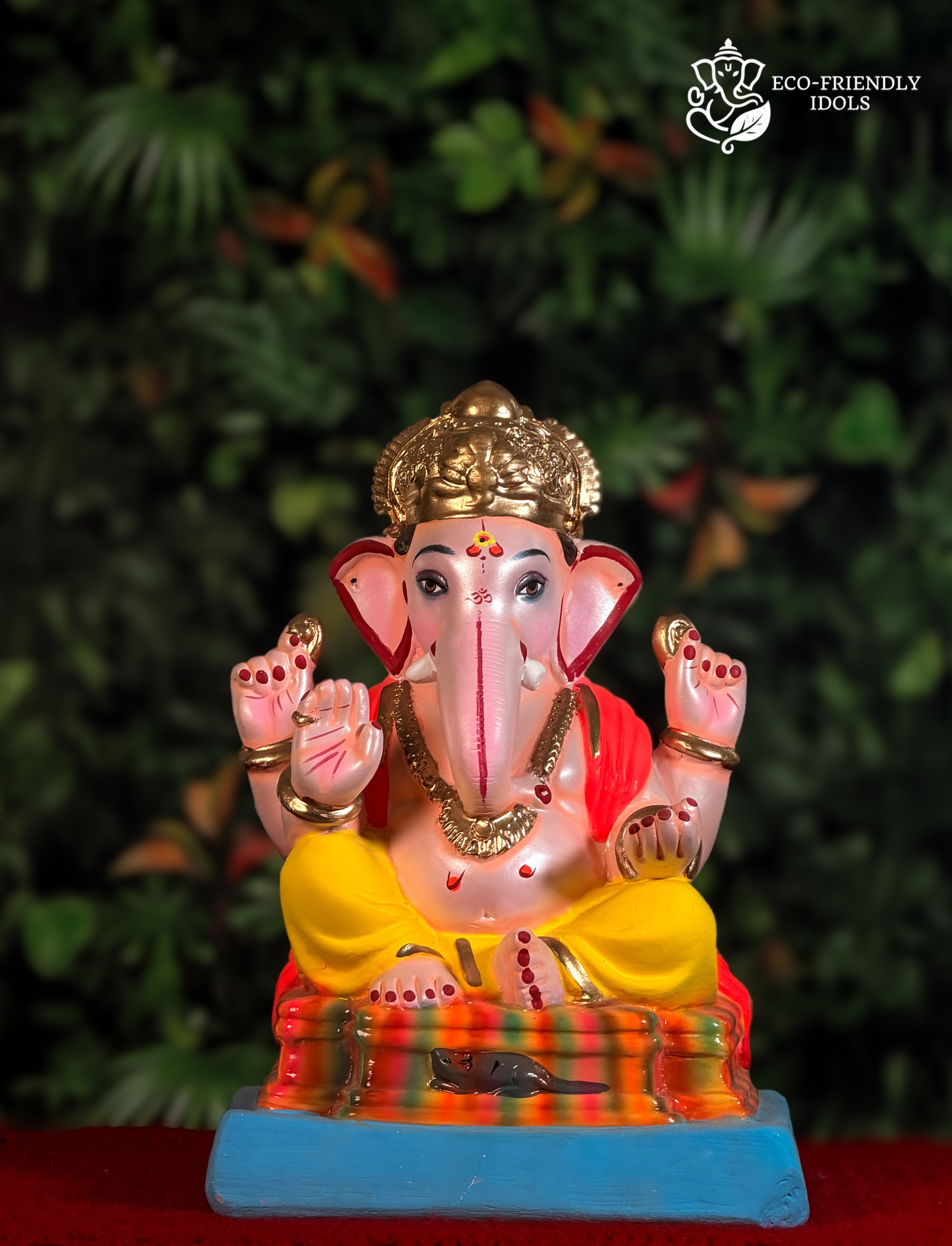 Mysori Paat style Ganesh idol in yellow and orange, 12 inches, ornamental murti
