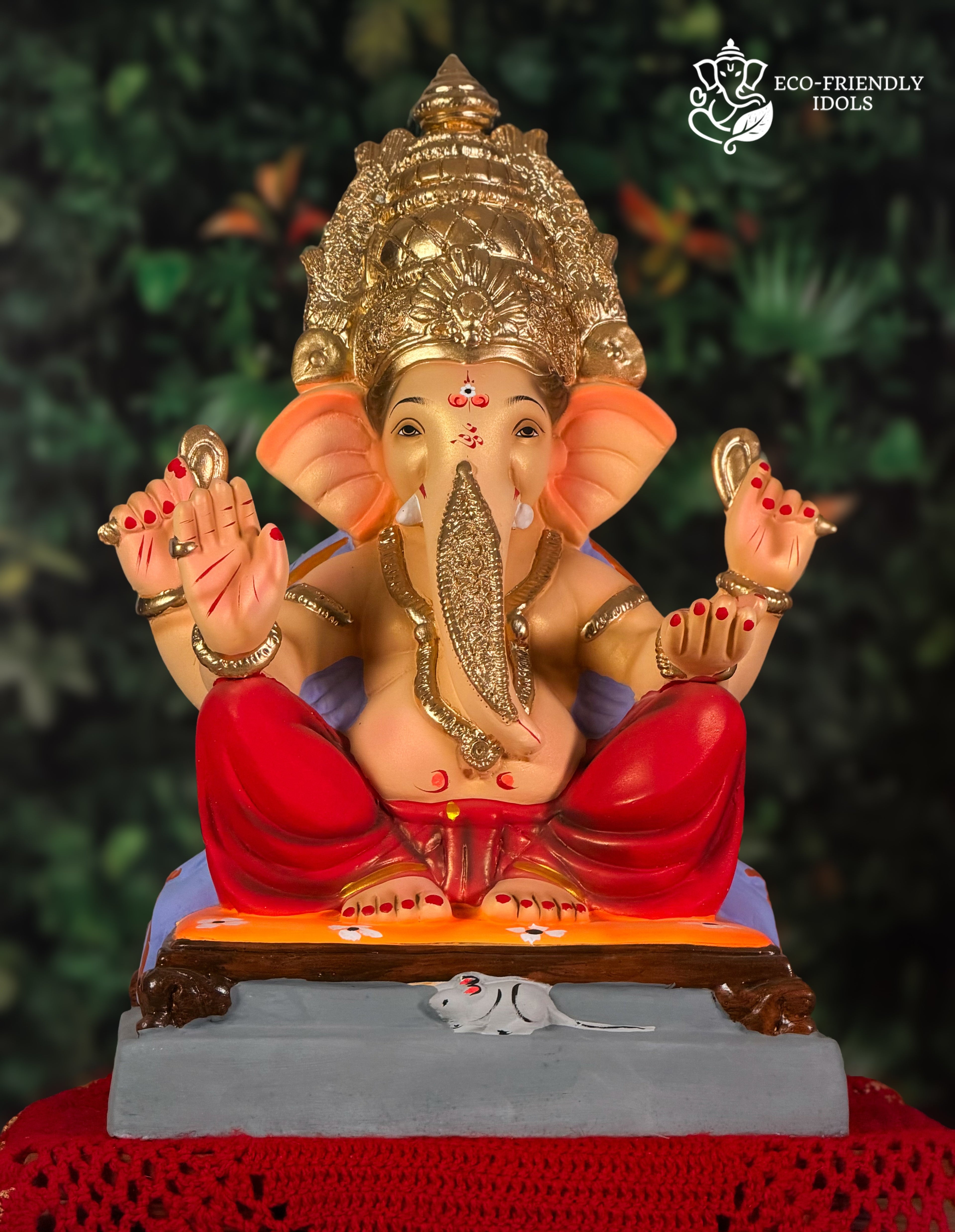 Mysori in Balaji Asan in Red & Blue, 18 inches, eco-friendly Shadu Mathi clay murti with golden crown 