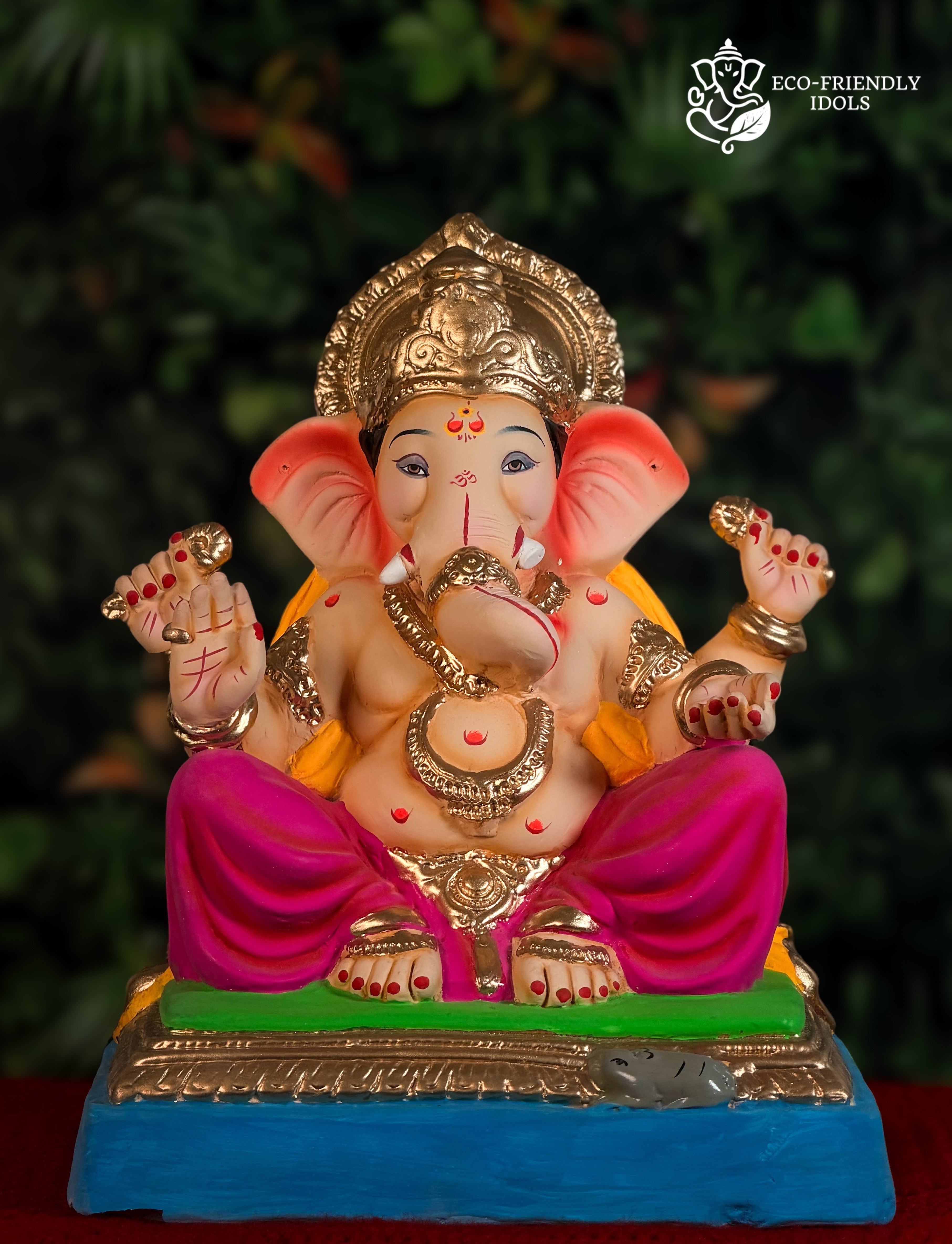 Mysori style Ganesh idol in pink and yellow, 14 inches, hand-painted murti