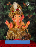 Nakshi Ganesh idol in gold, 15 inches, eco-friendly Shadu Mathi clay murti with feathered pagdi
