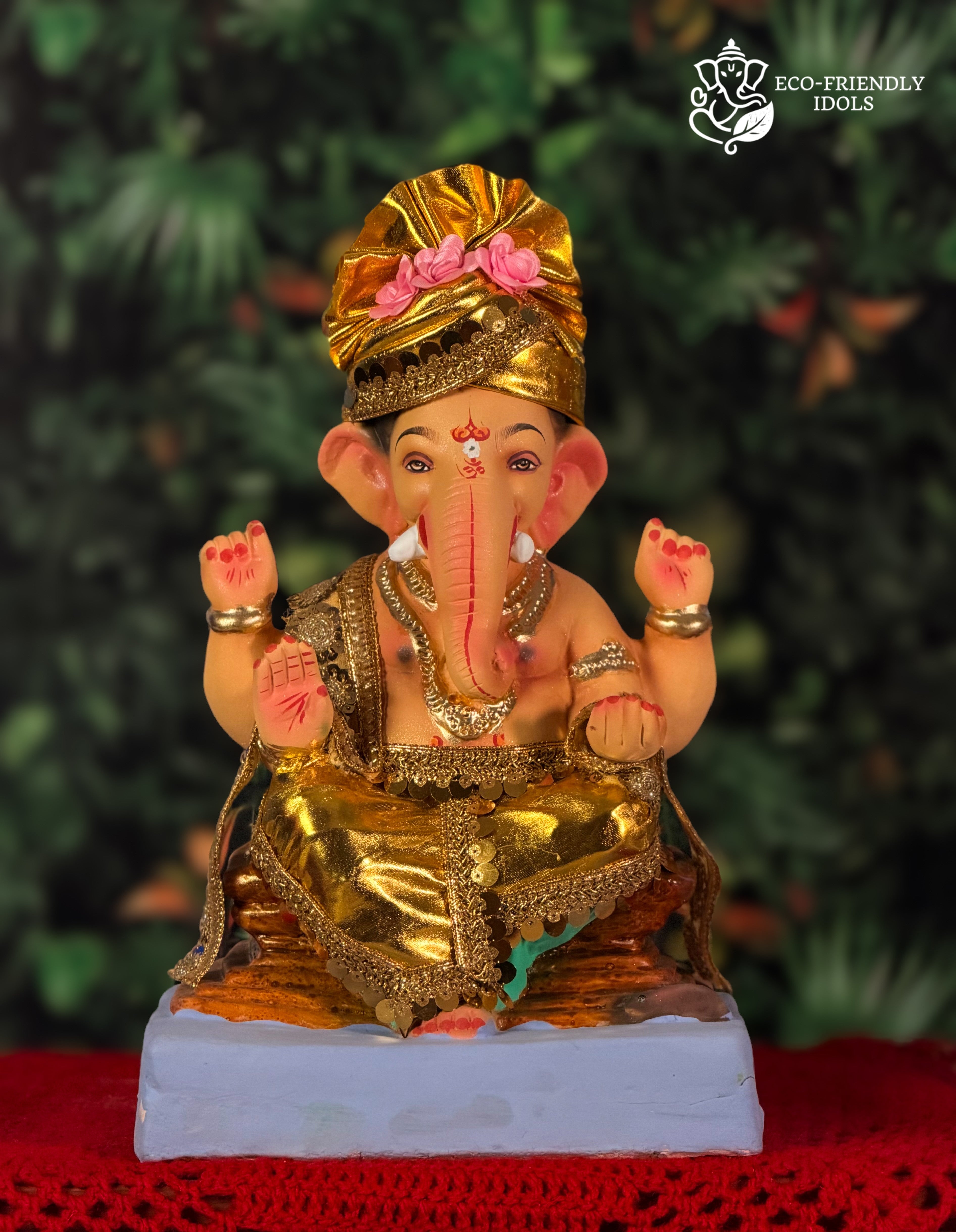 Nakshi Ganesh idol in golden drapery, 12 inches, eco-friendly Shadu Mathi clay murti with floral crown