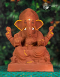 Nakshi Ganesh idol in natural red soil with colored borders, 12 inches, eco-friendly handmade murti with relief carving