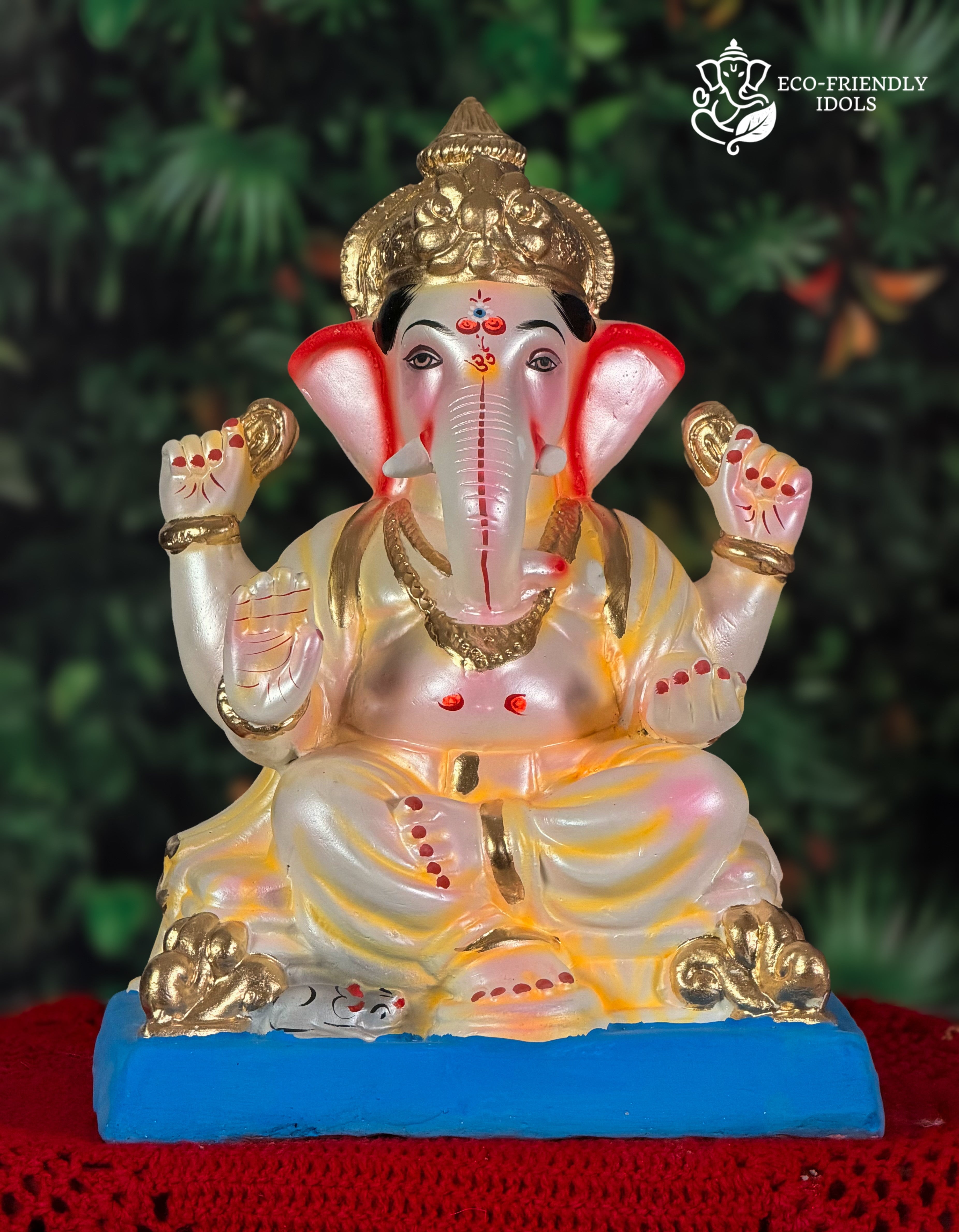 Nakshi Ganesh idol in pearl yellow, 15 inches, eco-friendly Shadu Mathi clay murti with relief detailing