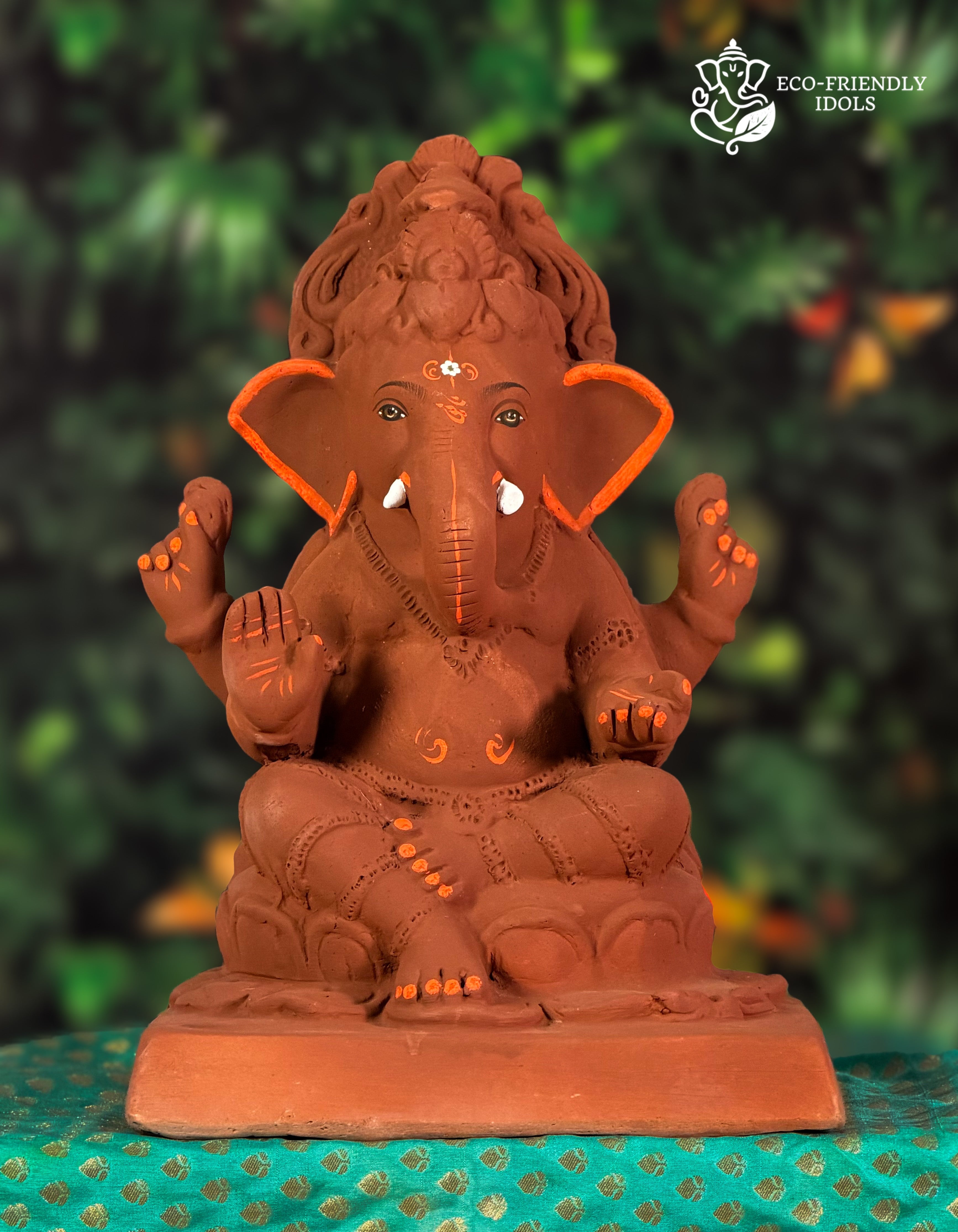 Nakshi Kamal Ganesh idol in natural red soil, 12 inches, eco-friendly handmade murti with relief carving on lotus base