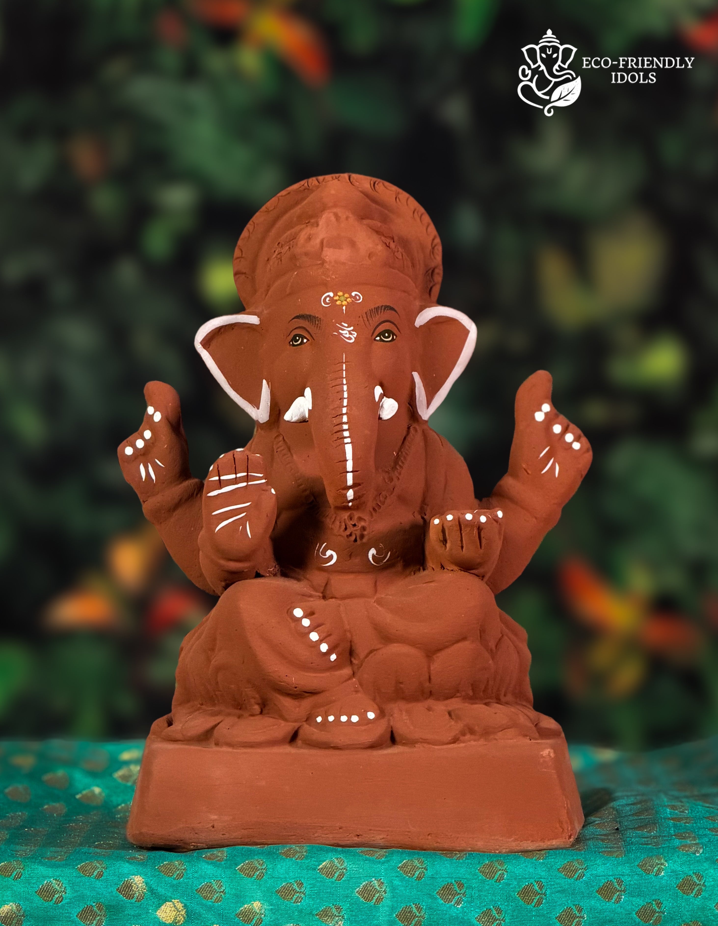 Nakshi Kamal Ganesh idol in red soil with pink pagdi, 9 inches, eco-friendly handmade murti on lotus base